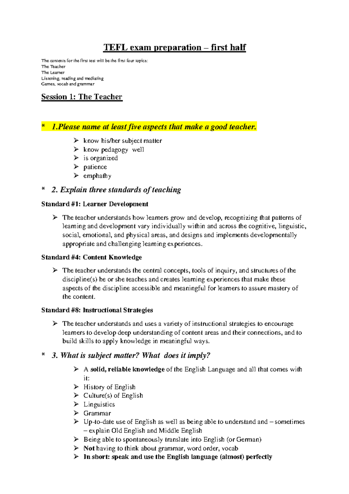 TEFL Exam Prep: First Half Topics & Strategies for Success - Studocu