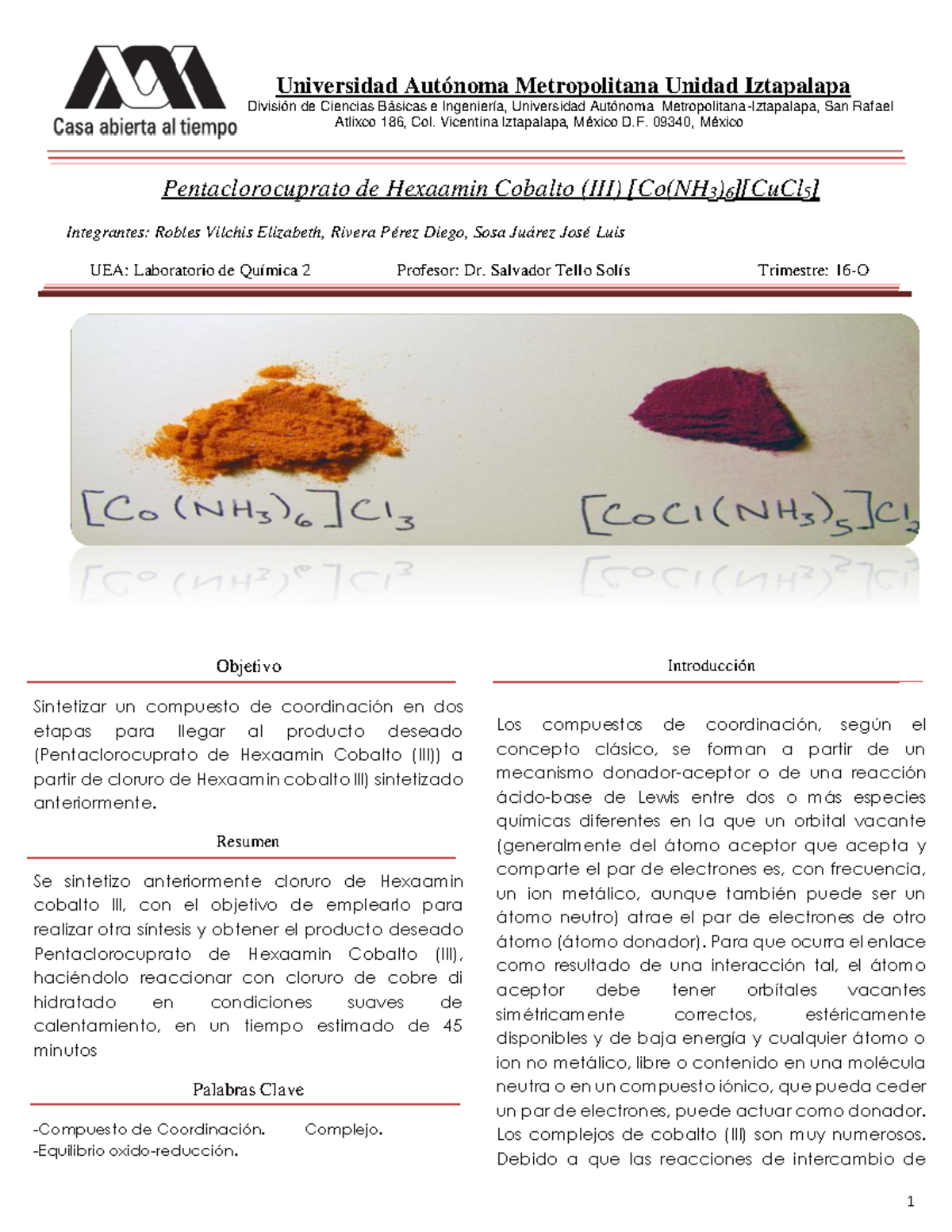 Síntesis de Pentaclorocuprato de Hexaamin Cobalto (III) [Co(NH3)6 ...