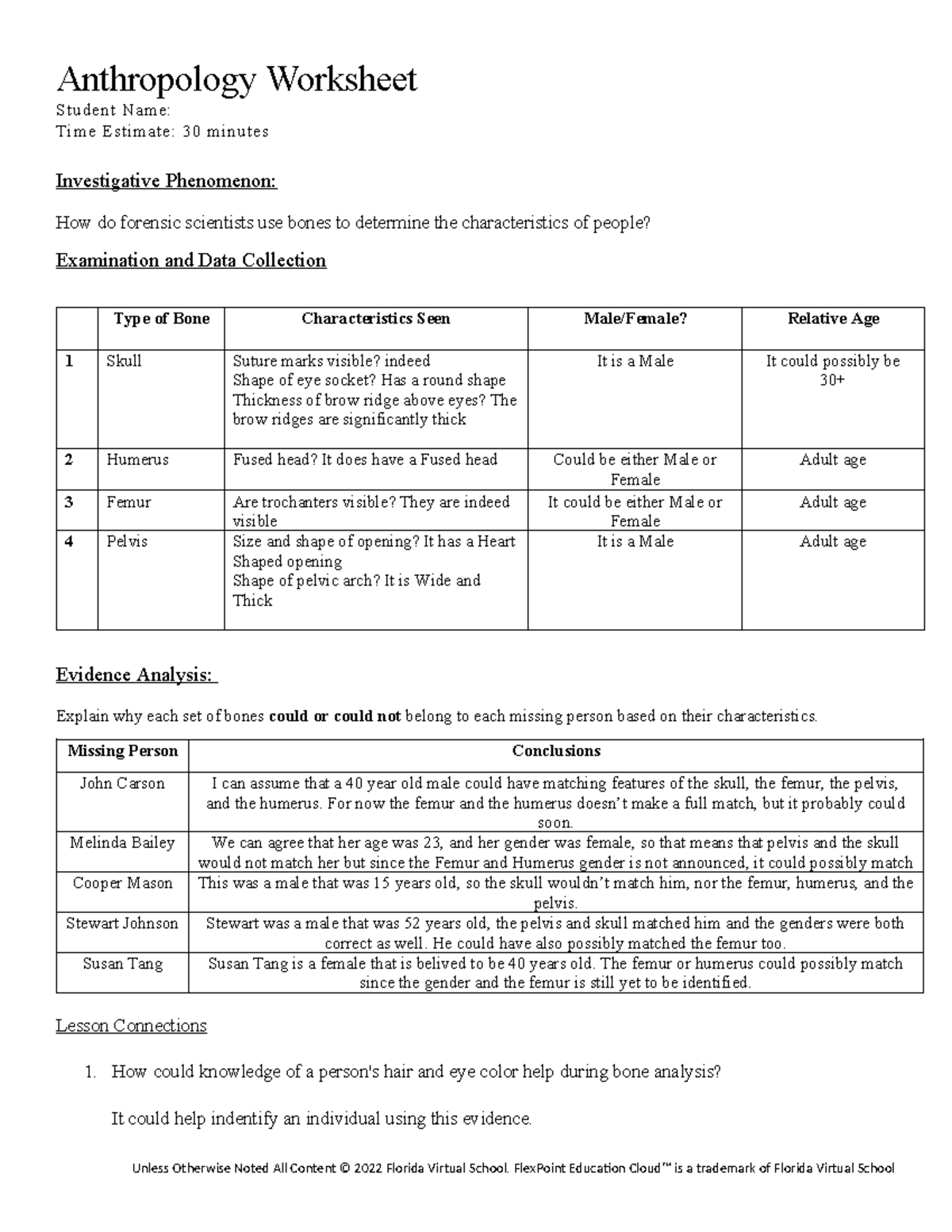 ANTH 101: Forensic Bone Analysis Worksheet for Investigative Studies ...