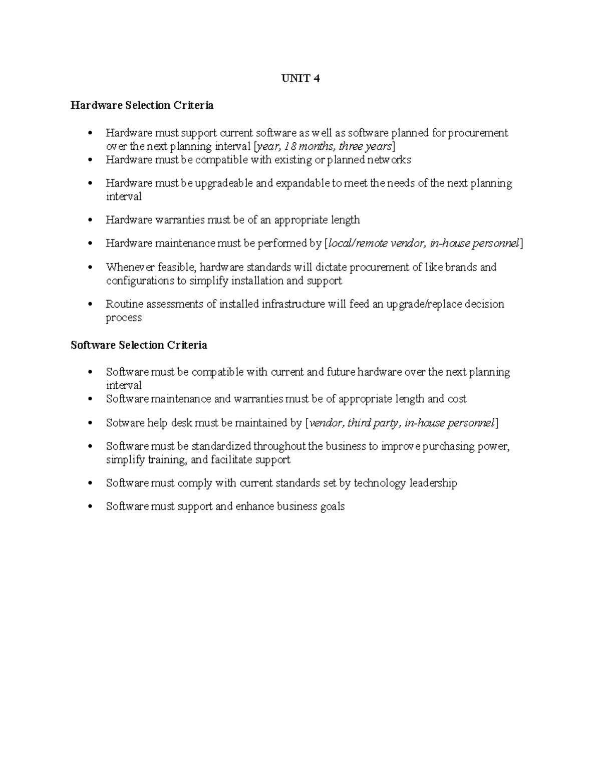 Unit 4: Hardware & Software Selection Criteria Overview - Studocu