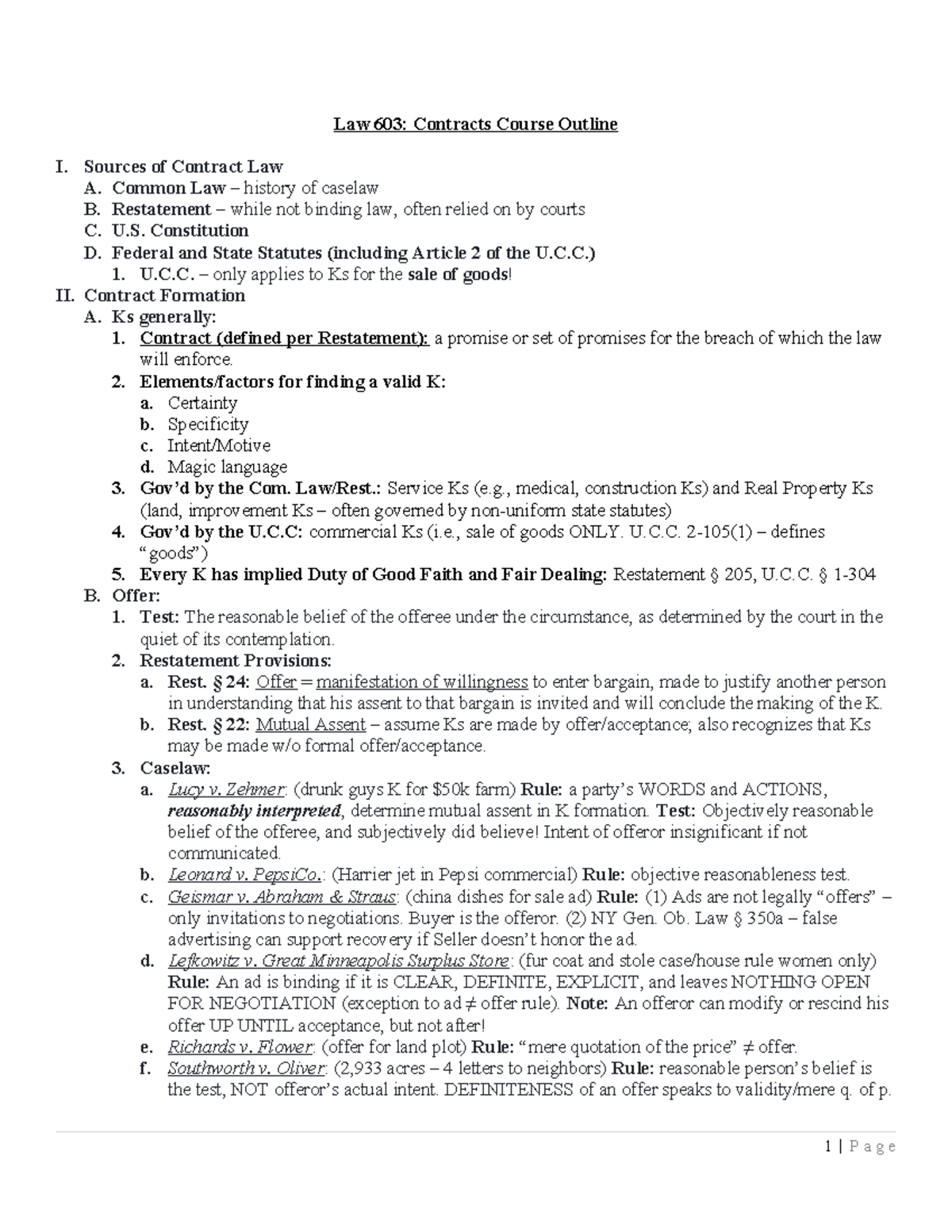 Law 603: Contracts Course Outline - Key Concepts and Case Law - Studocu