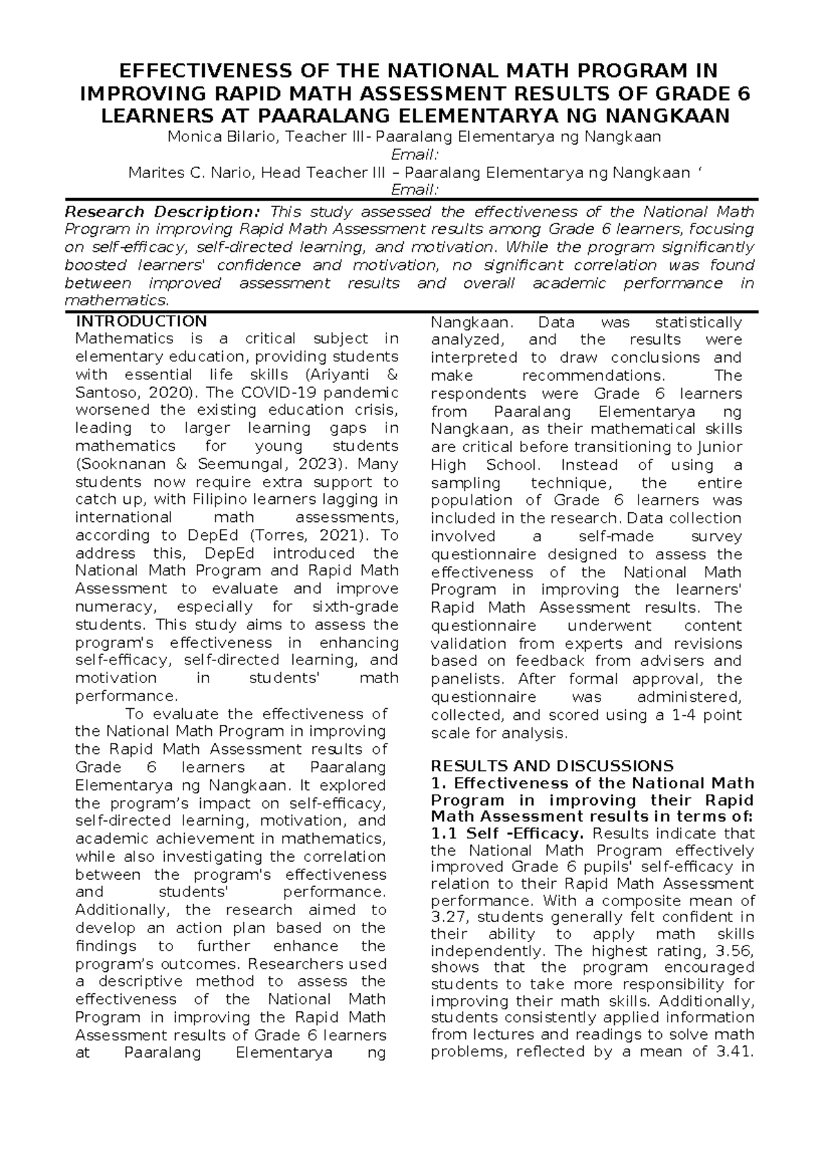 Study on Nat'l Math Program Effectiveness - Grade 6 Learners (SY 2024 ...