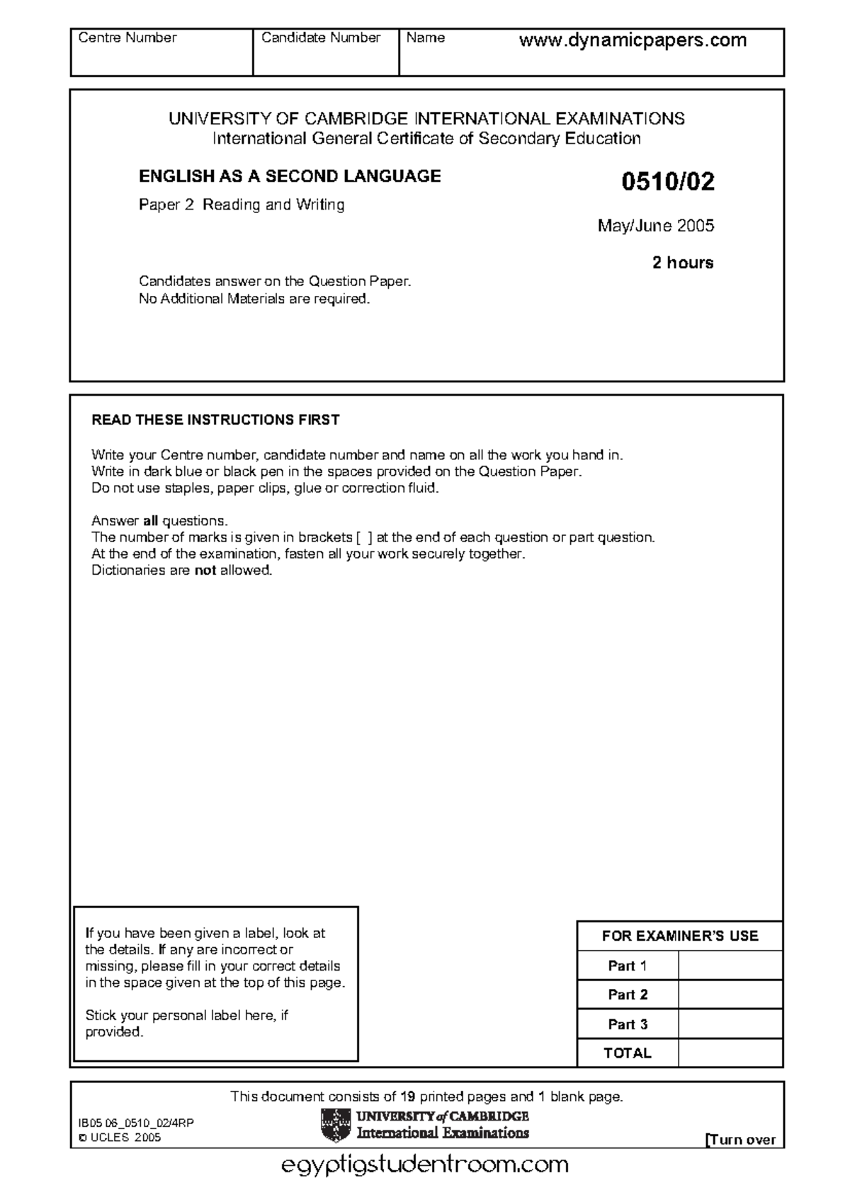 0510 s05 Paper 2 Reading and Writing Exam Questions - Studocu