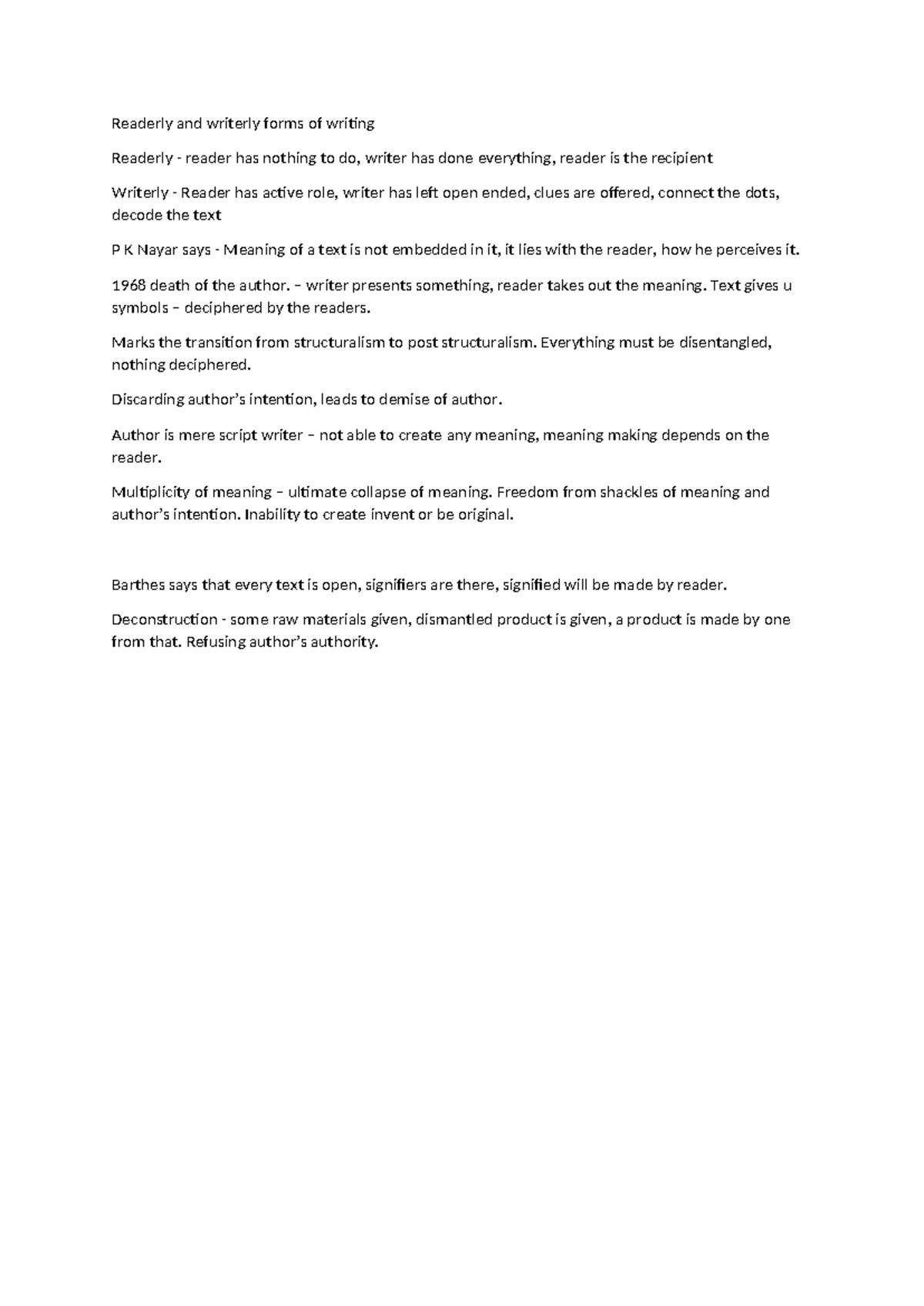 Deconstruction Notes: Readerly vs. Writerly Forms of Writing - Studocu