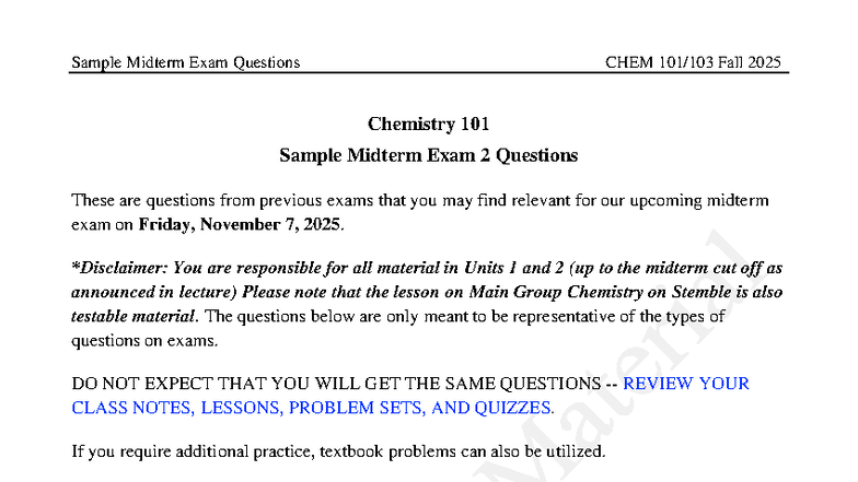Sample Midterm Exam 2 Questions CHEM 101 Fall 2025 - Studocu