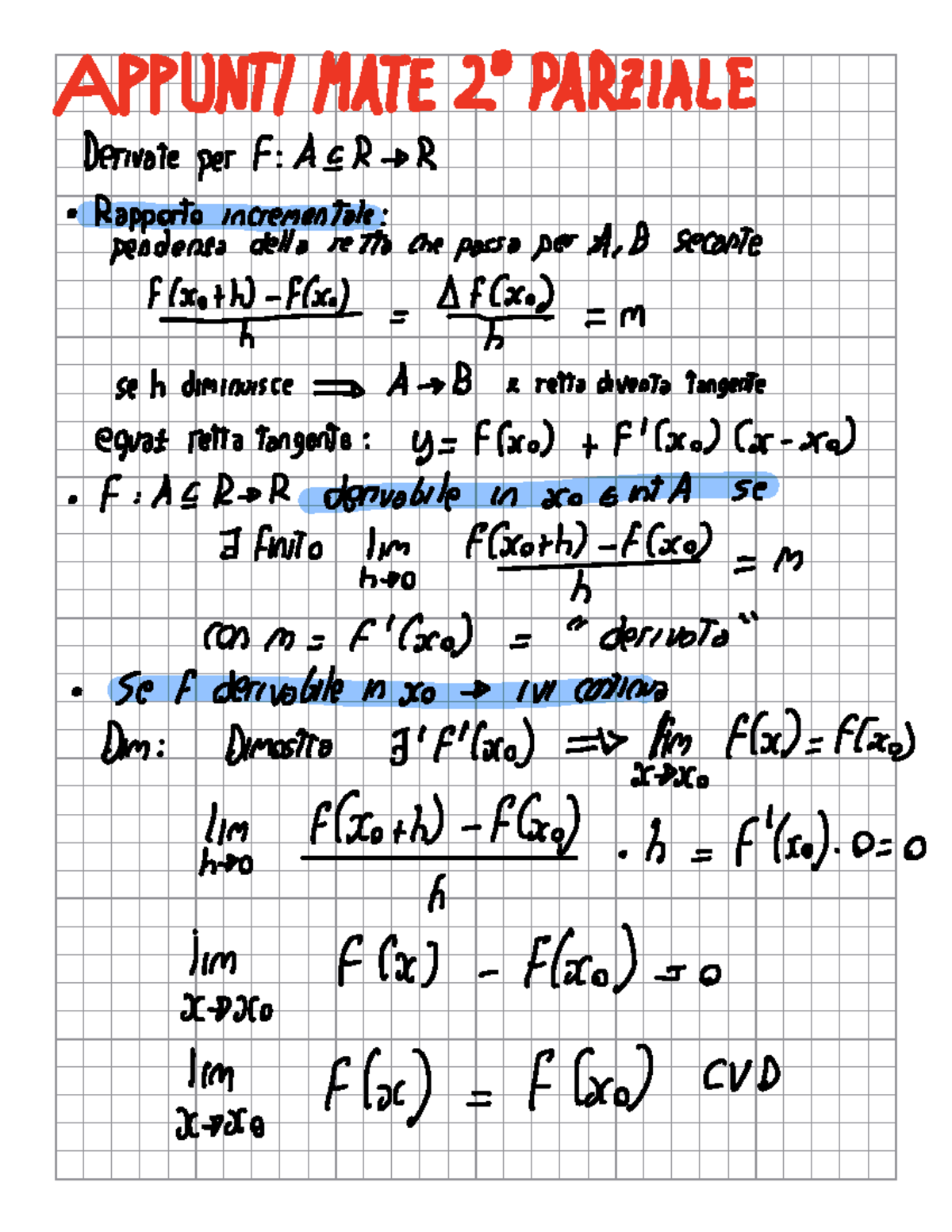 Matematica 1 - Note sul Secondo Parziale: Derivate e Teoremi - Studocu