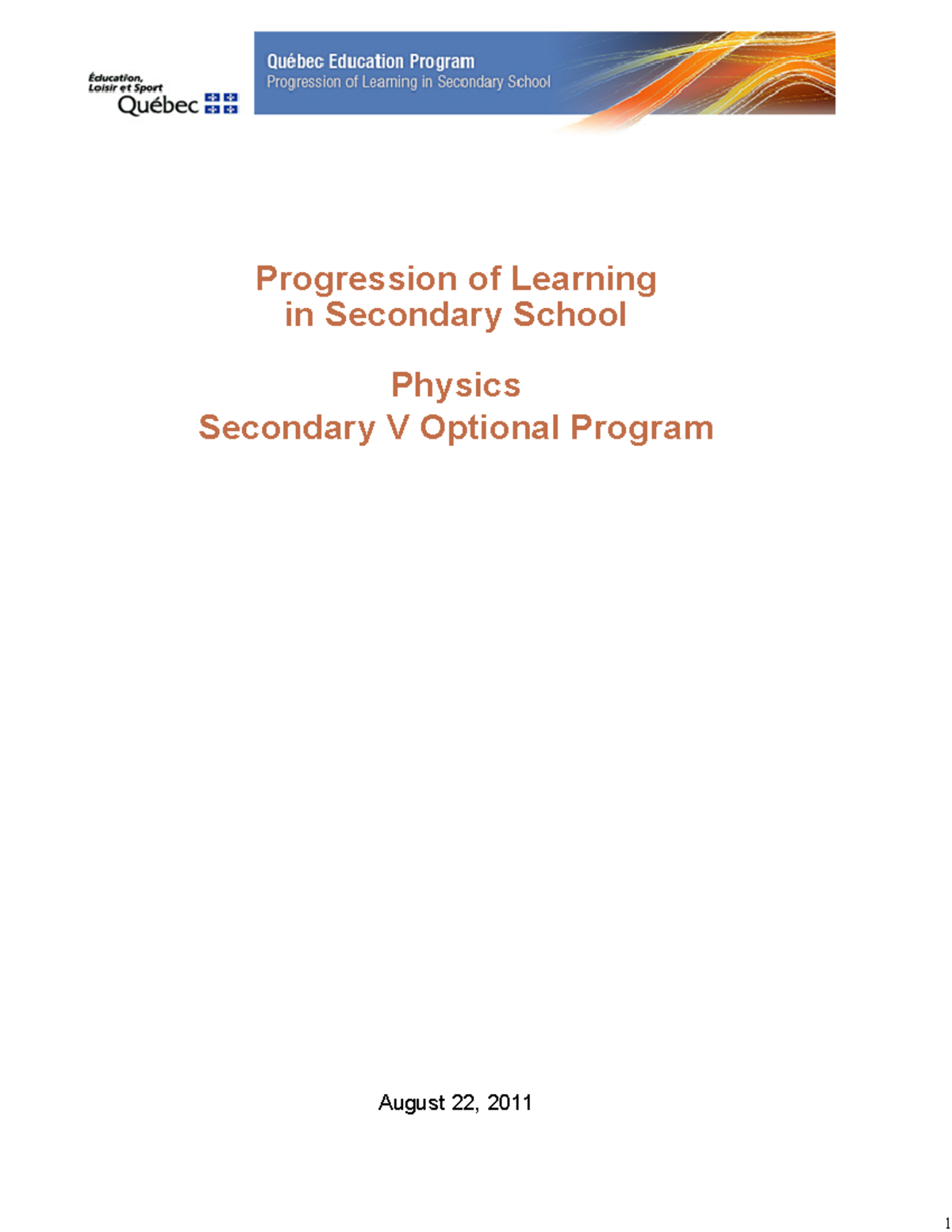 Progression of Learning in Secondary V Physics (PHY 514) - Optional ...