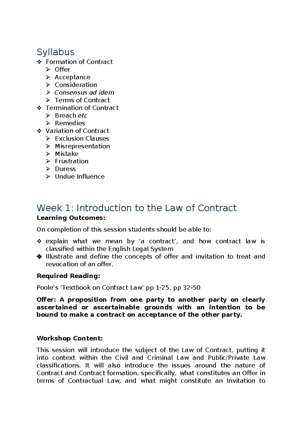 Contract Law Notes: Formation, Consideration, and Key Concepts - Studocu