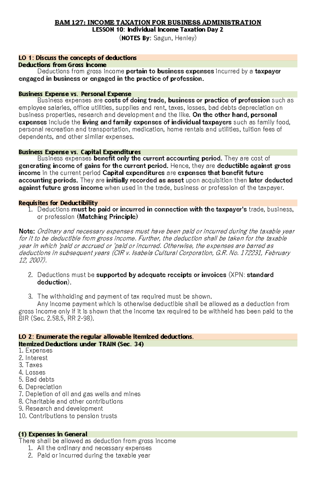 BAM 127 Income Taxation for BA - Comprehensive Review Notes - Studocu