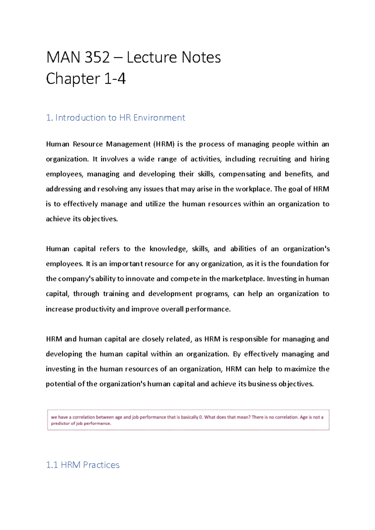 MAN 352 - Chapter 1 HRM Lecture Notes and Concepts Overview - Studocu