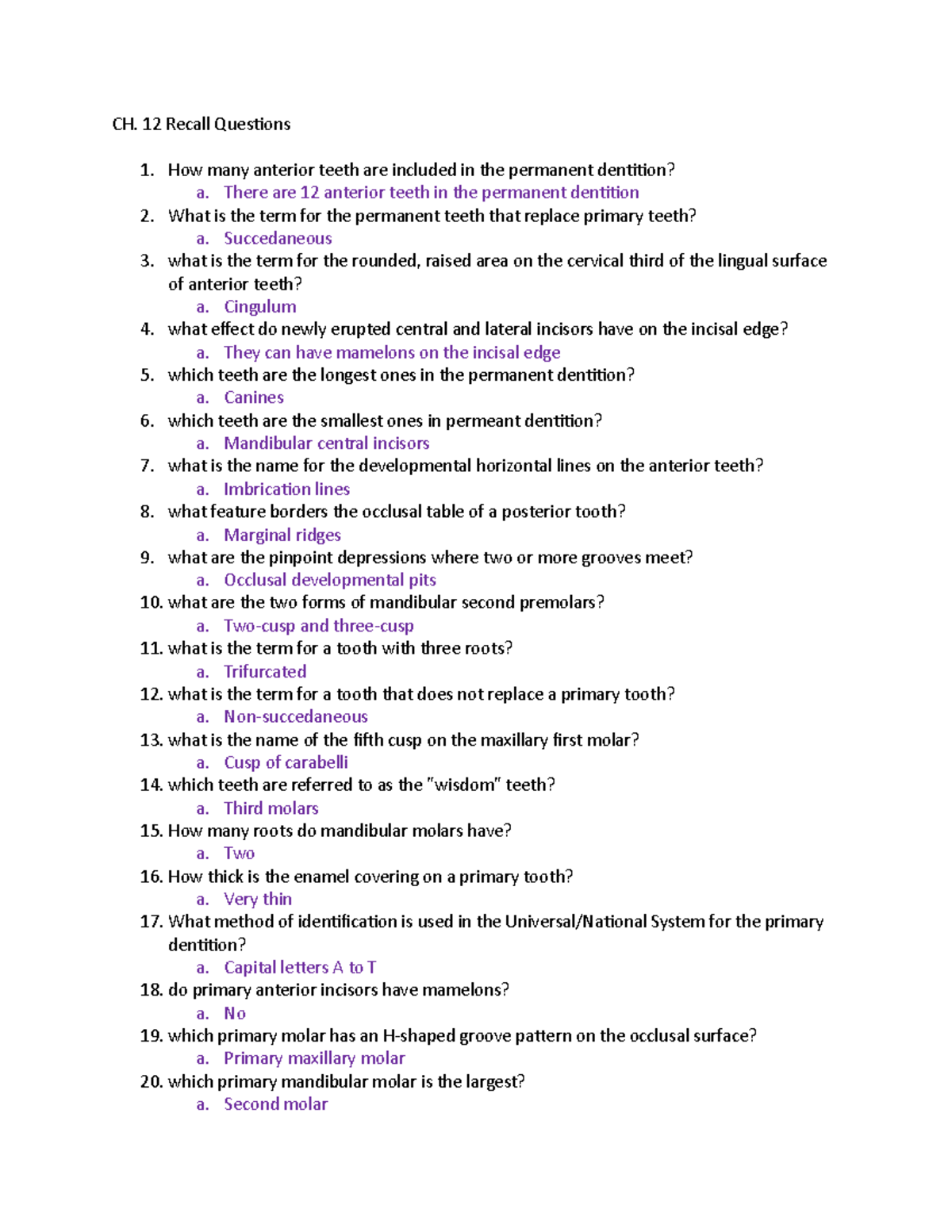 Ch. 12 Recall Questions & Key Concepts in Permanent Dentition - Studocu
