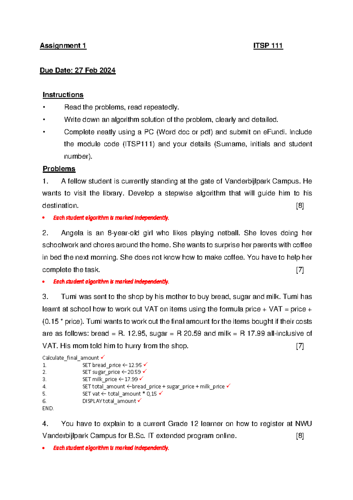 Assignment 1 ITSP: Algorithm Solutions & Instructions - Studocu