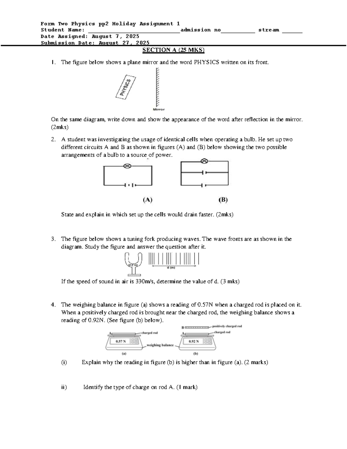 Form 2 Physics PP2 Holiday Assignment - August 2025 - Studocu