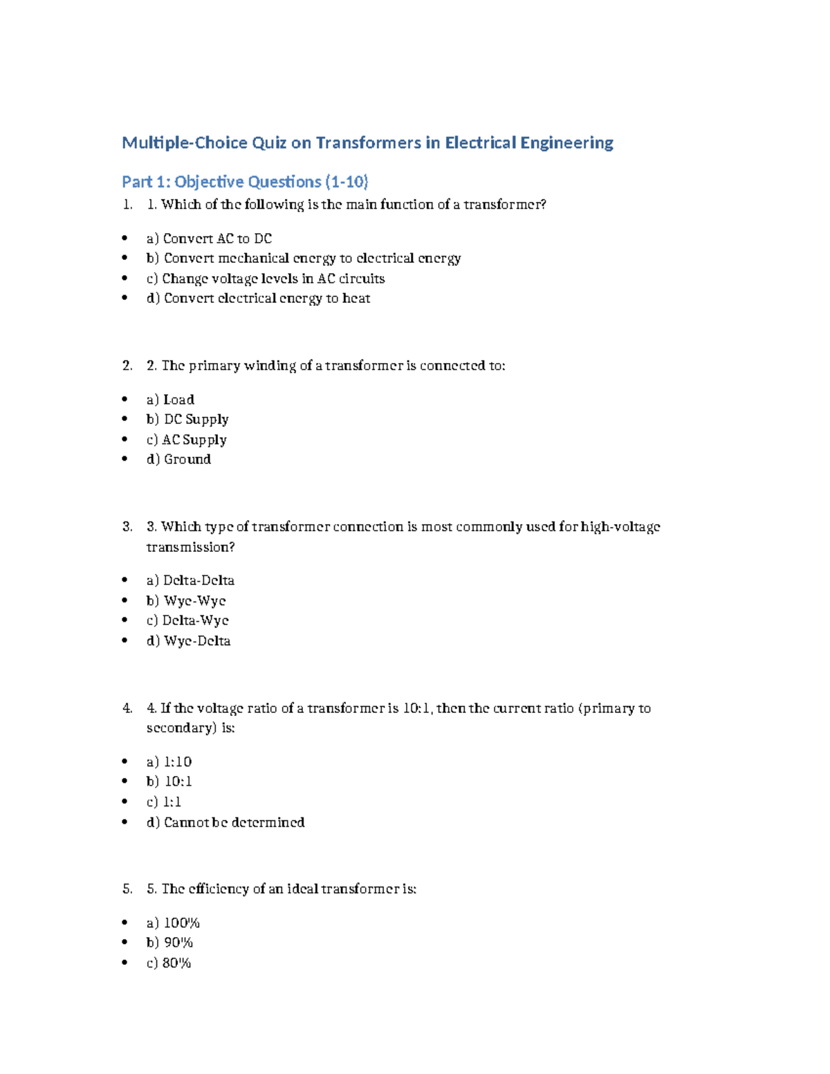 Quiz EE 101: Transformers in Electrical Engineering - Objective ...