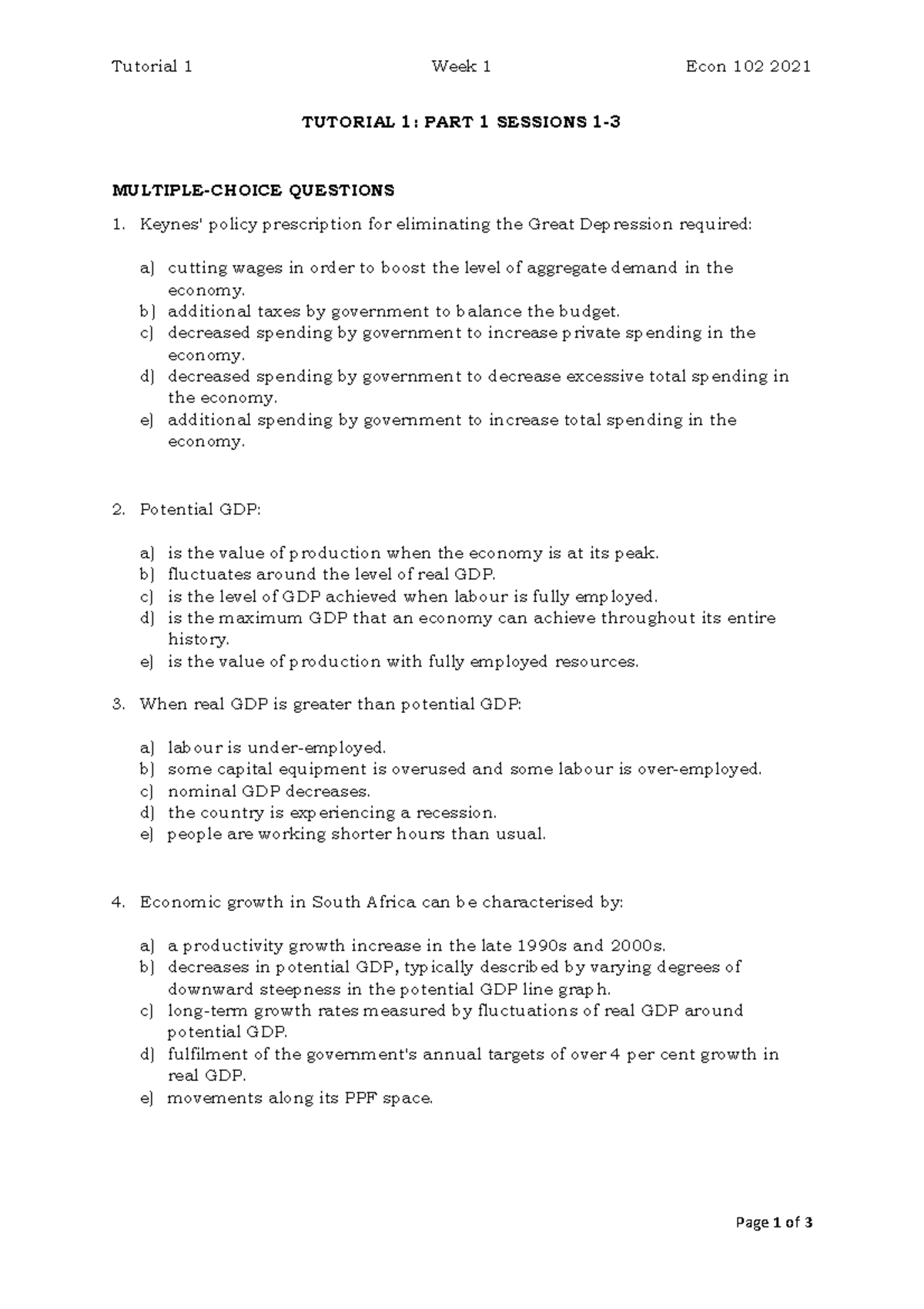 Econ 102 Tutorial 1: Week 1 Multiple-Choice Questions - Studocu