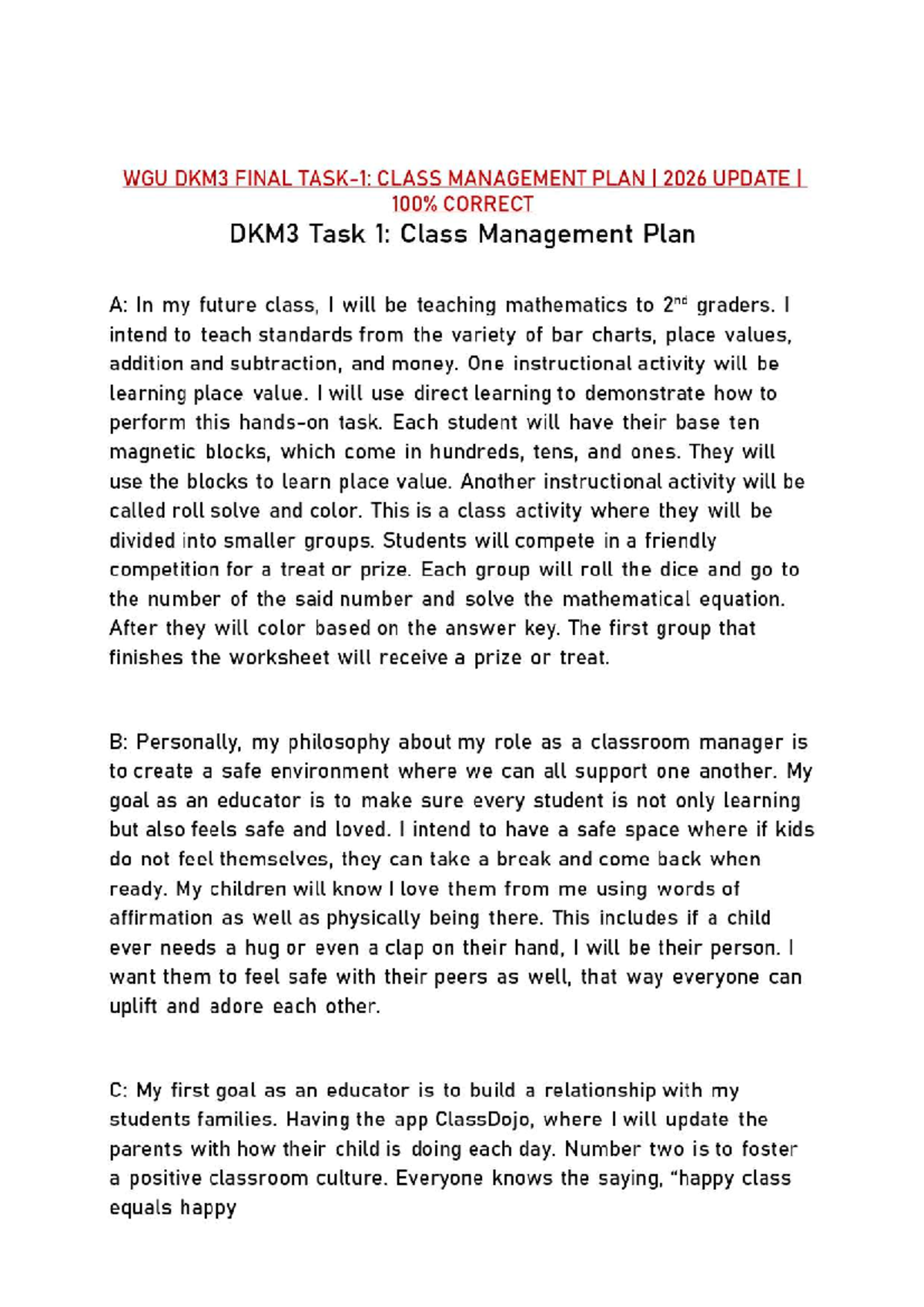 WGU DKM3 Final Task 1: Updated Class Management Plan 2026 - Studocu