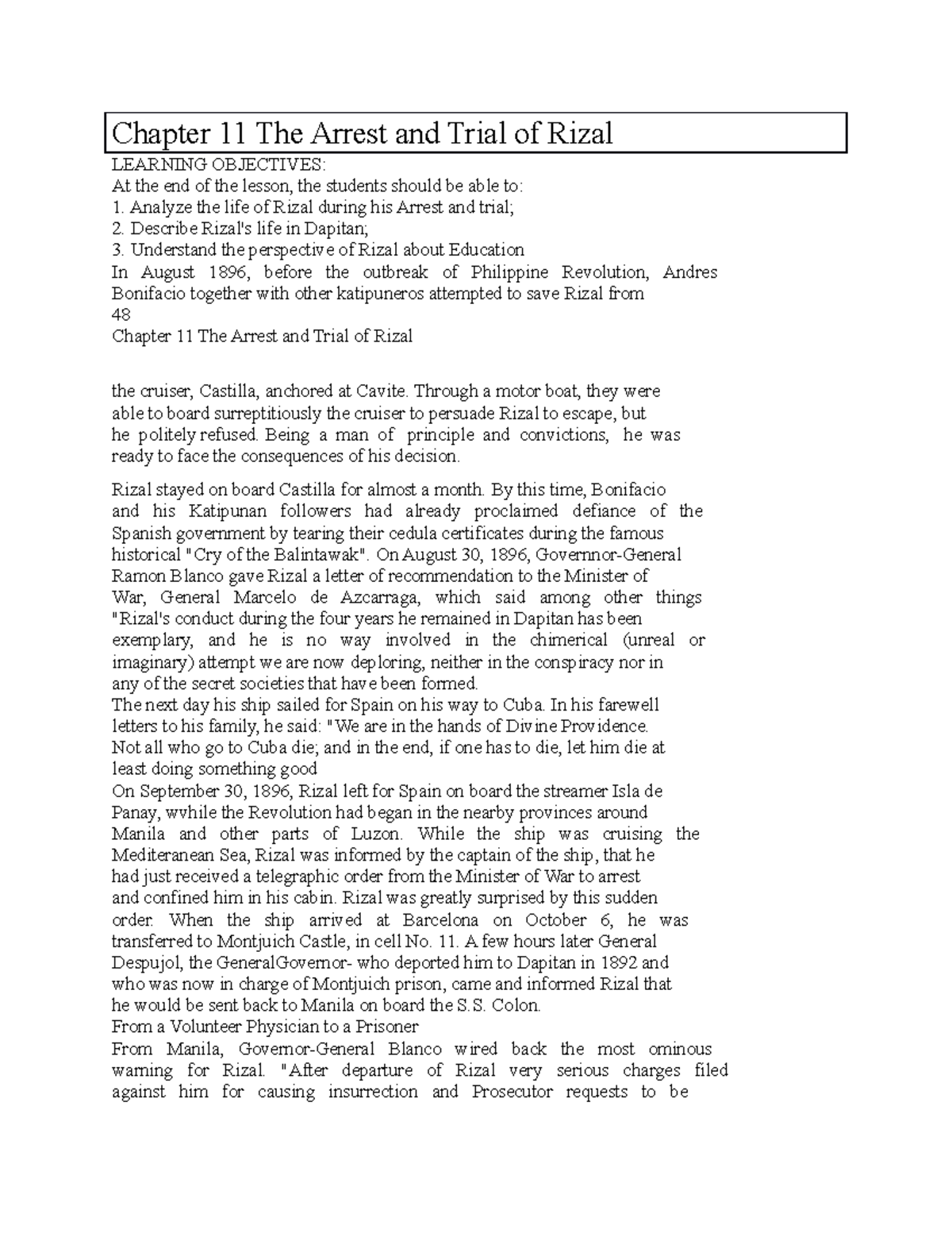 Chapter 11: Rizal's Arrest and Trial - A Historical Analysis - Studocu