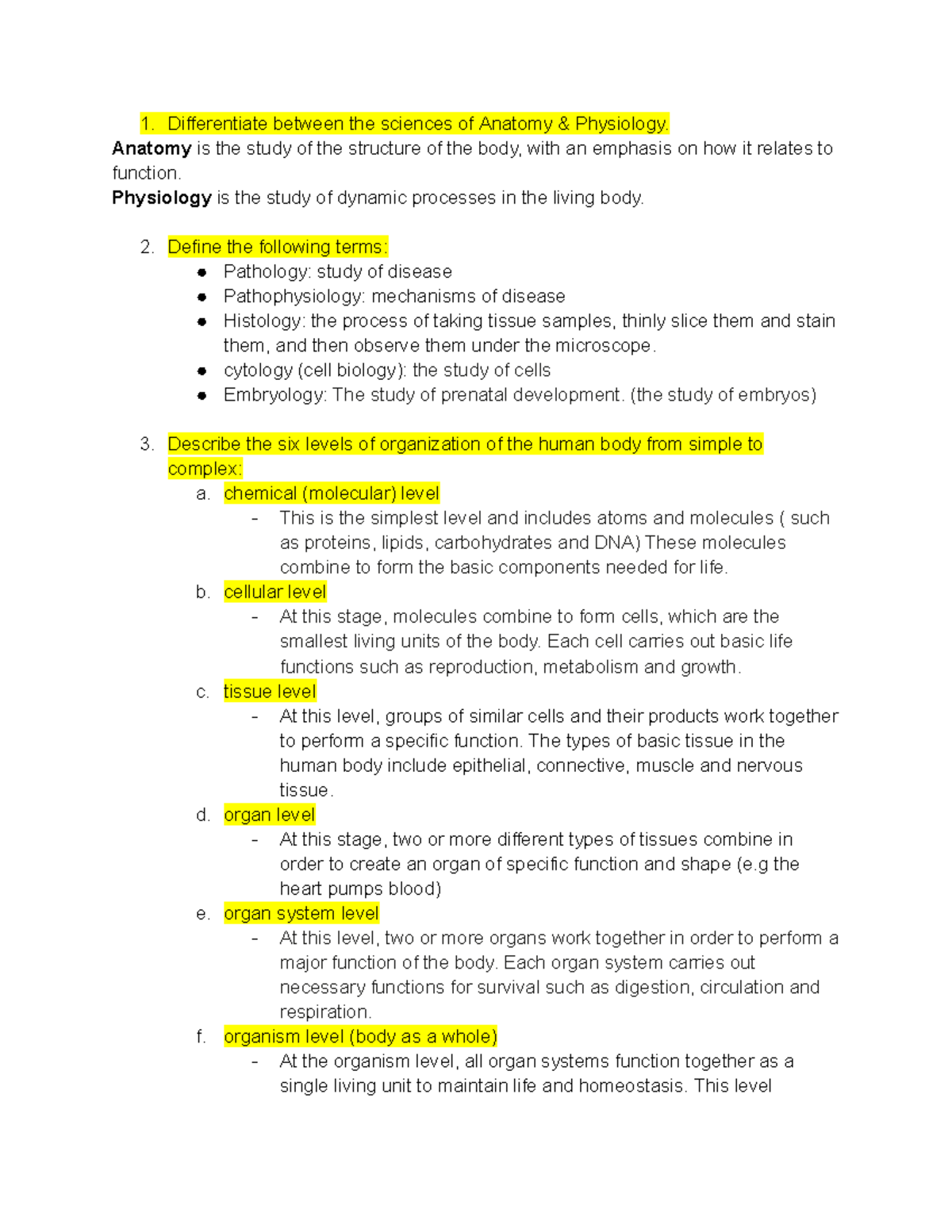 Anatomy and Physiology Unit 1: Key Concepts and Definitions - Studocu