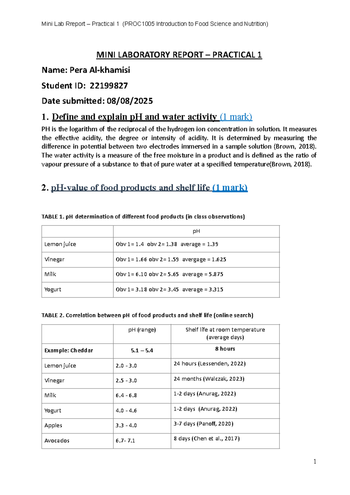 Mini Lab Report - Practical 1 (PROC1005 Food Science & Nutrition) - Studocu
