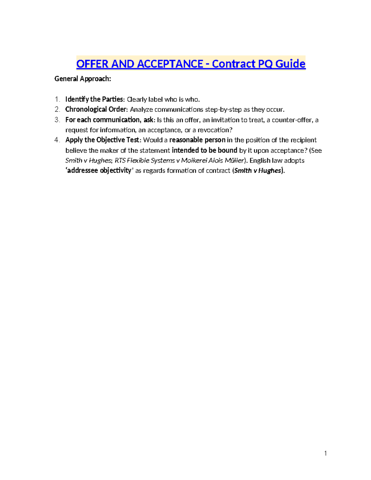 OFFER AND ACCEPTANCE Contract PQ Study Guide: Key Principles and Cases ...