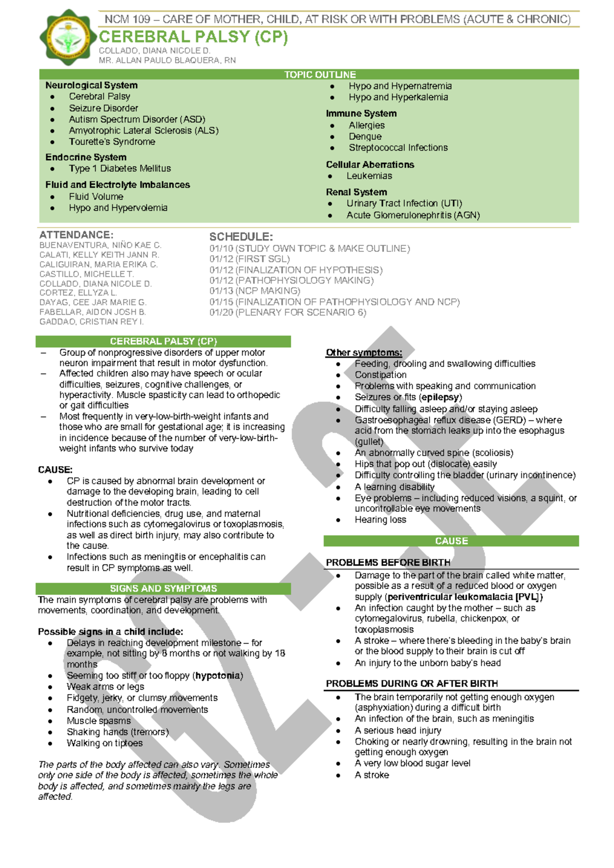 NCM 109 Final Exam Study Guide: Care of Mother and Child with CP, ALS ...