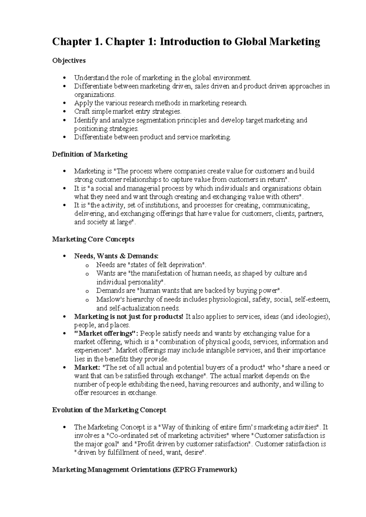 MKT 101: Chapter 1 - Introduction to Global Marketing Objectives - Studocu