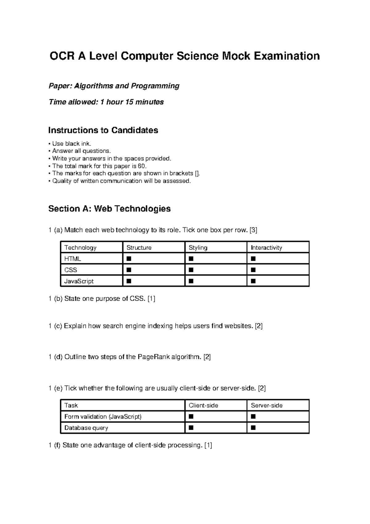 A Level Computer Science Mock Exam: Algorithms & Programming - Studocu