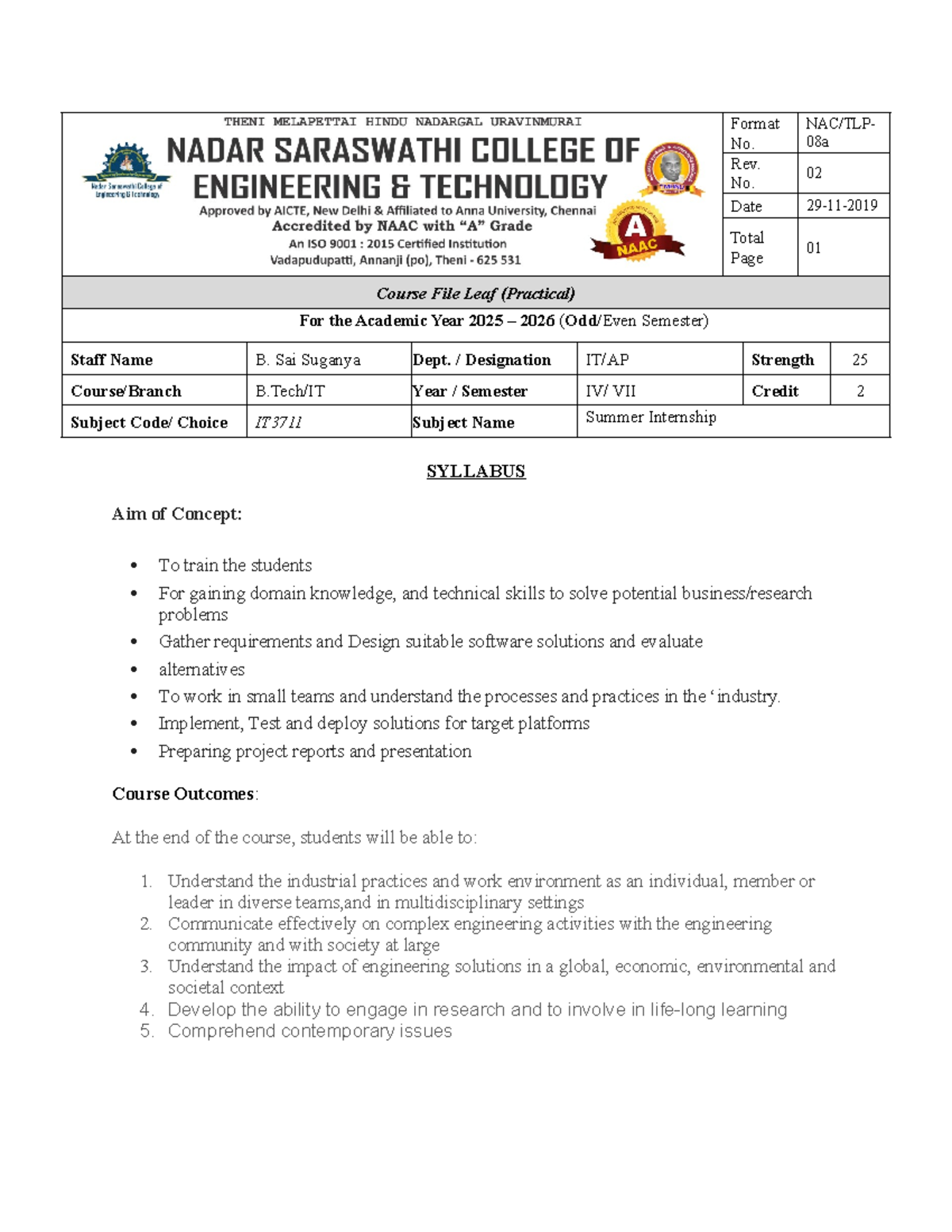 IT3711 Summer Internship Syllabus for Academic Year 2025-2026 - Studocu