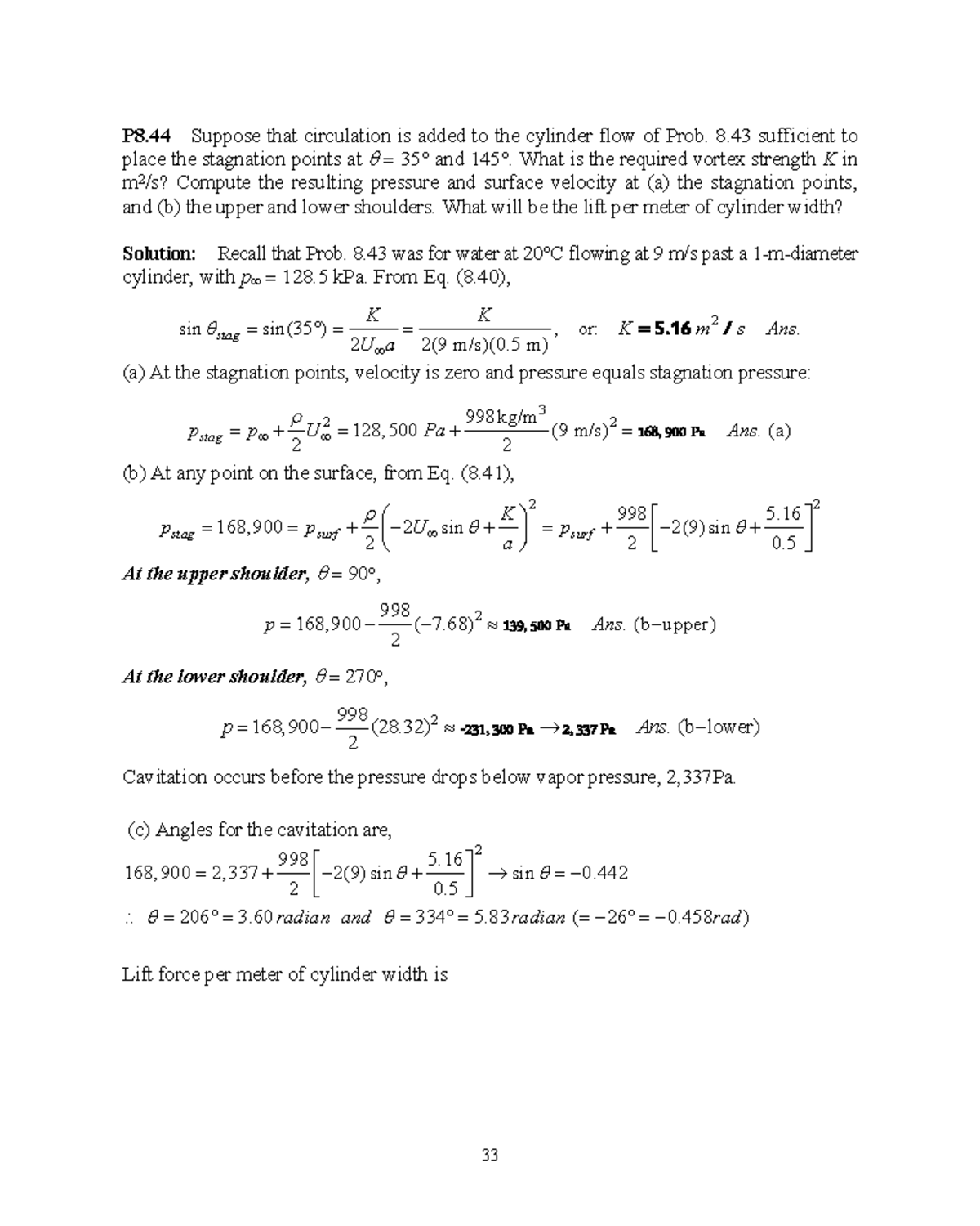 P8.44 Vortex Strength and Lift Calculation for Cylinder Flow - Studocu