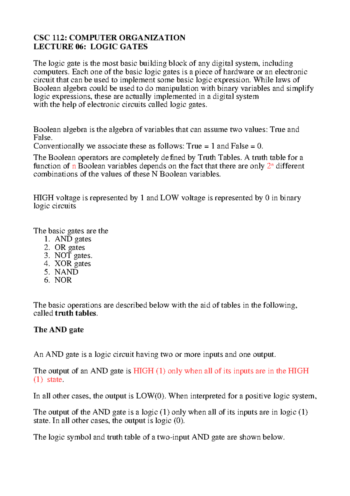 CSC 112 Lecture 06: Introduction to Logic Gates and Their Functions ...