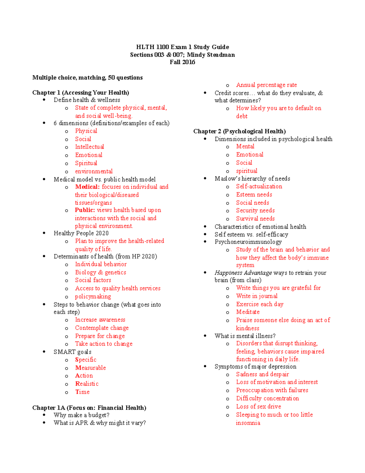 Exam I Study Guide - HLTH 1100 Exam 1 Study Guide Sections 003 & 007 ...