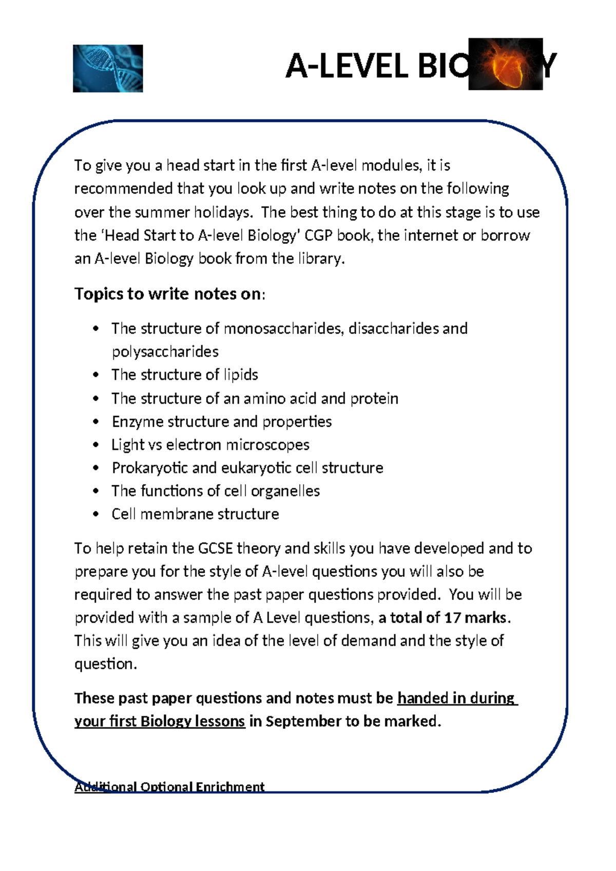 Y11-12 Biology Summer Holiday Homework & Revision Guide - Studocu