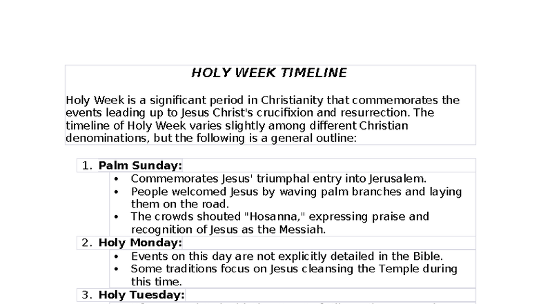 Holy Week - none - HOLY WEEK TIMELINE Holy Week is a significant period ...