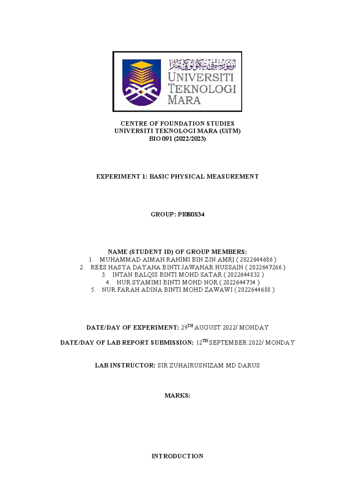 Lab report: Bio 091 experiment 1 - Basic physical measurement - Studocu