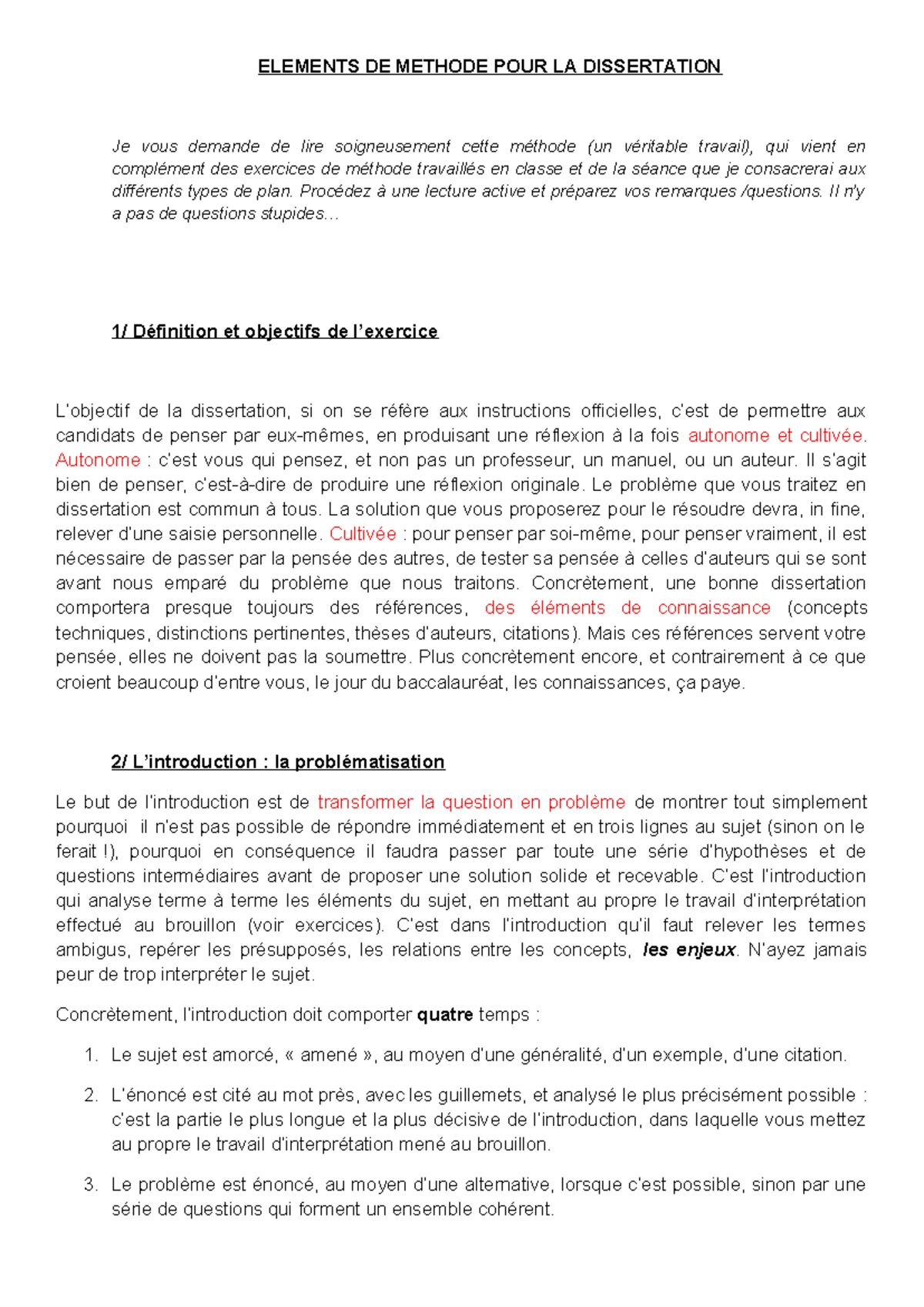 Méthode dissertation - ELEMENTS DE METHODE POUR LA DISSERTATION Je vous ...