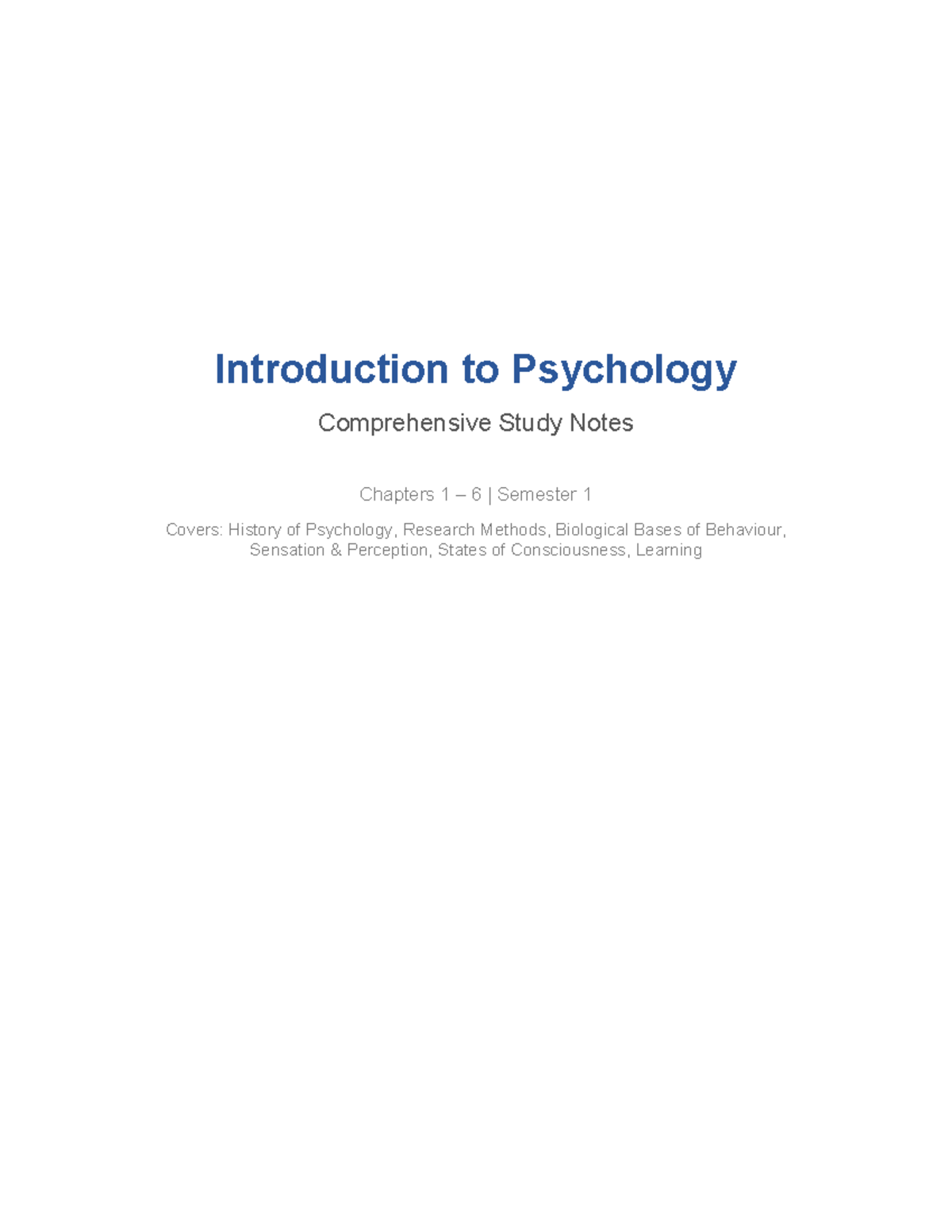 Intro to Psychology Study Notes (PSY101) - Chapters 1-6 Overview - Studocu