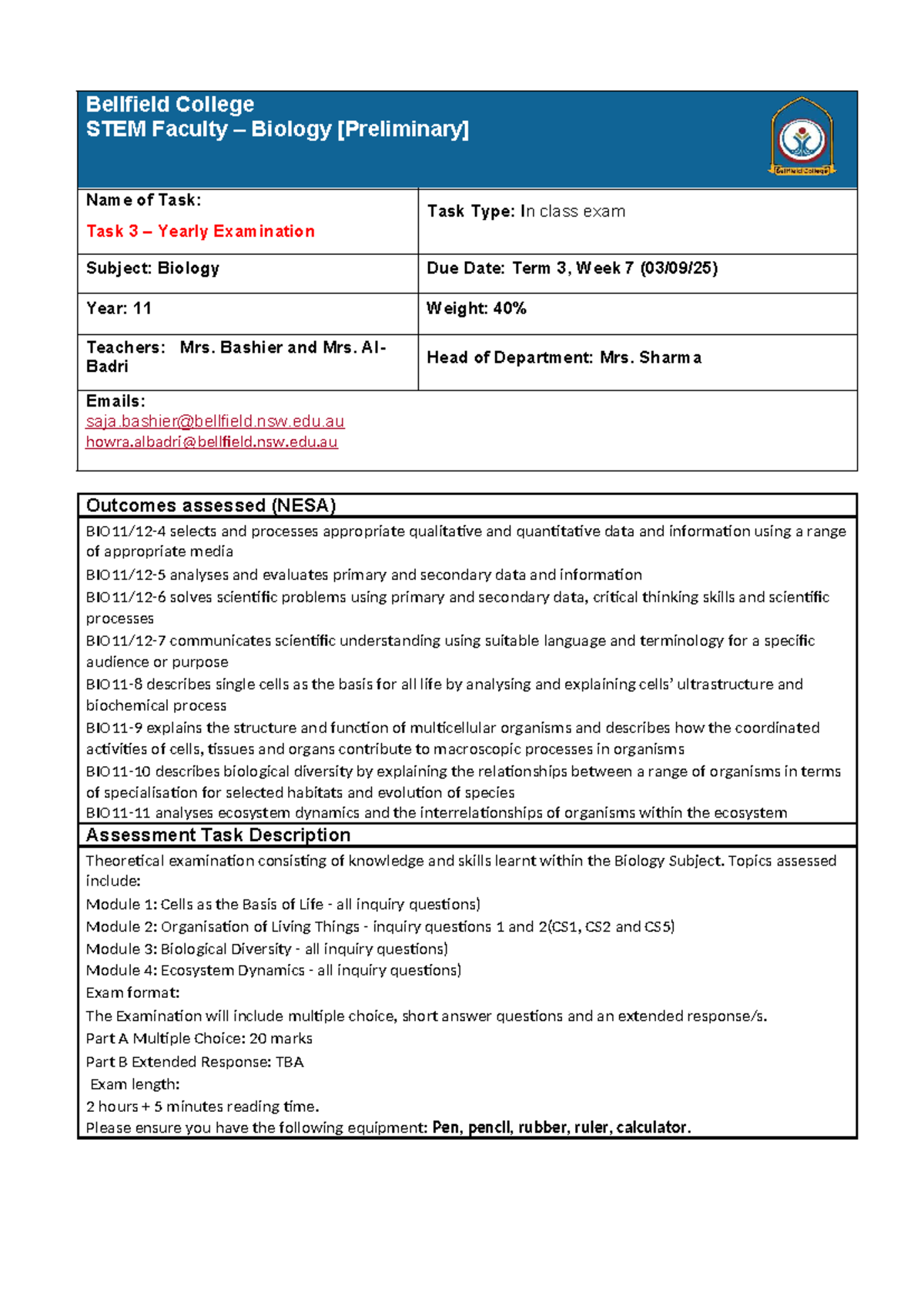 Bellfield College Year 11 Biology Task 3 Yearly Exam Notification 2025 ...