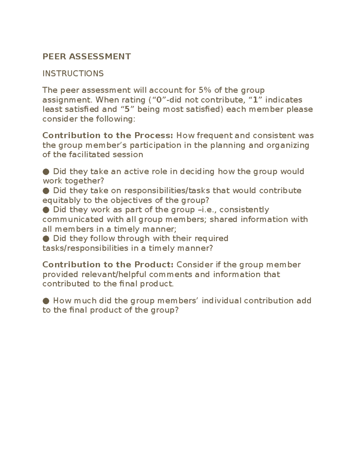 Peer Assessment Form Instructions for Group Assignment Evaluation - Studocu
