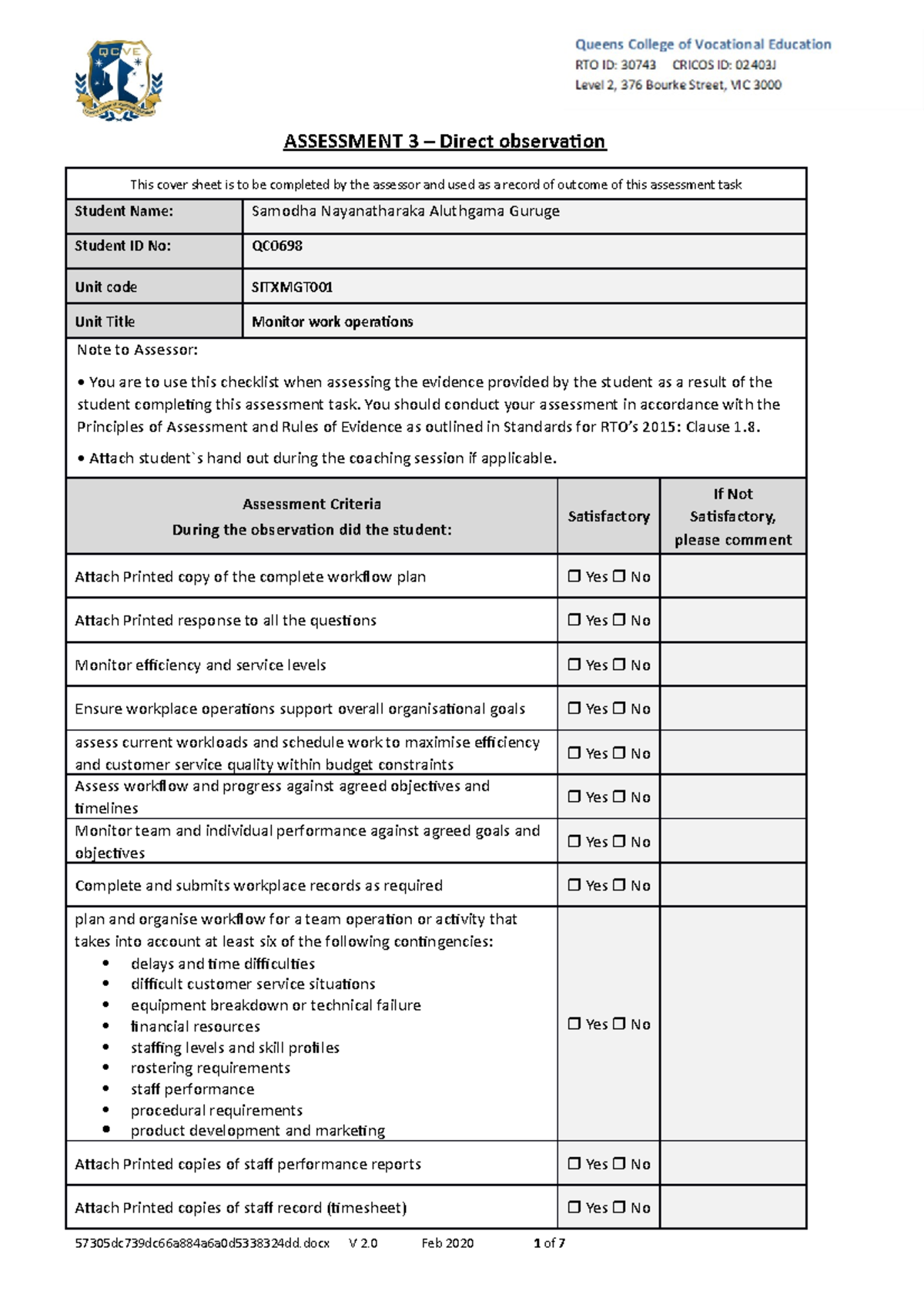Assessment 3 SITXMGT 001: Direct Observation of Work Operations - Studocu