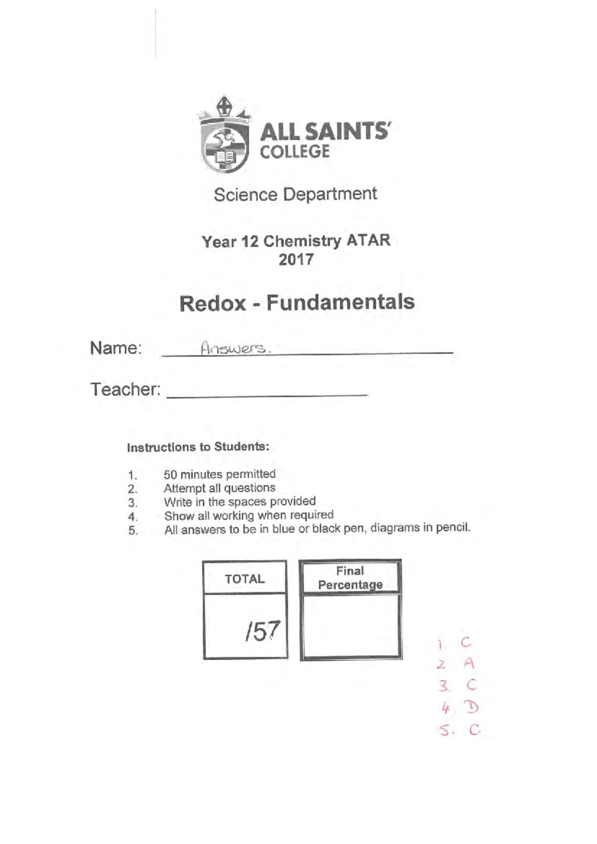 Year 12 Chemistry ATAR Semester 1 Exam 2019 Booklet - Studocu