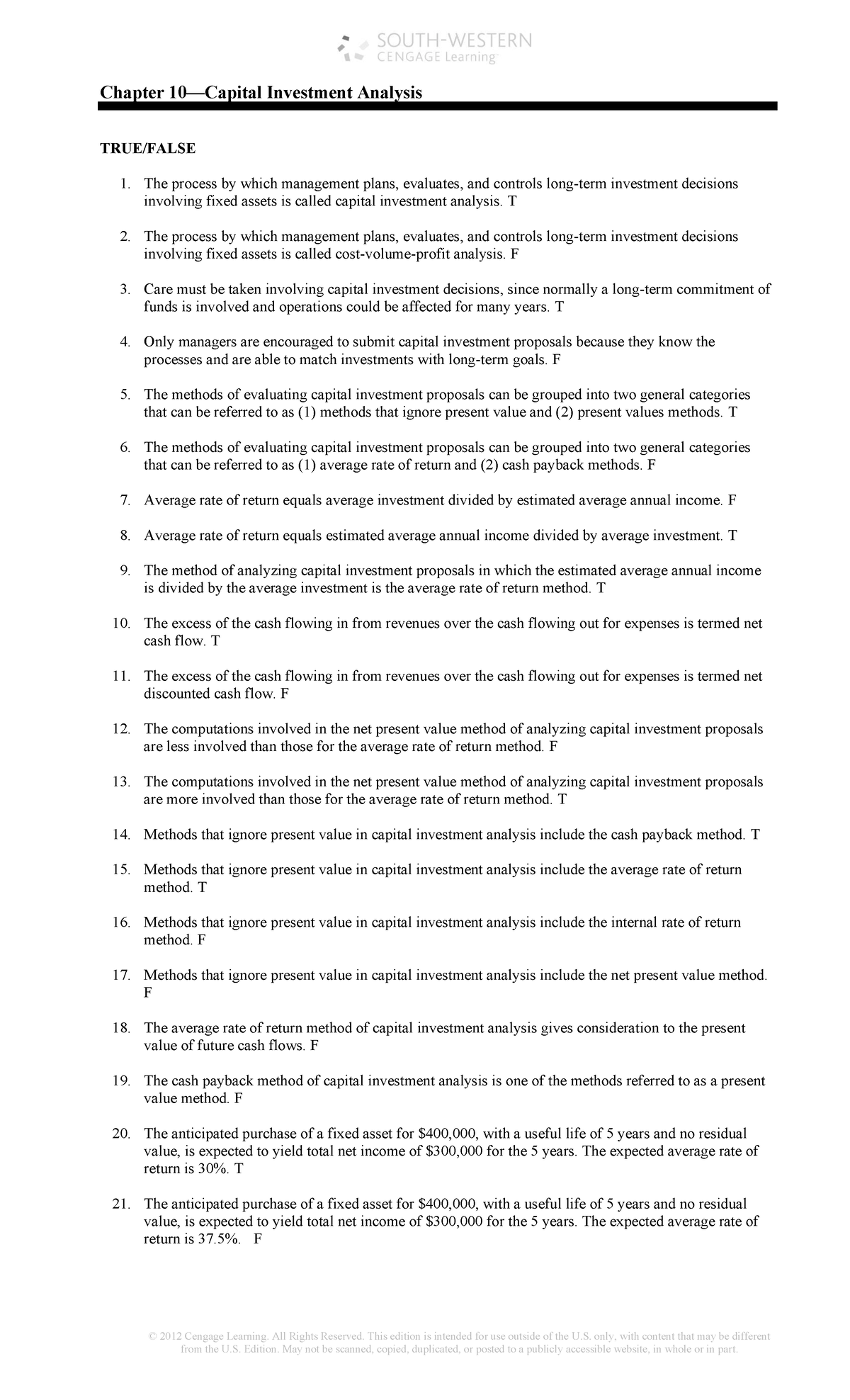 Chapter 10: Capital Investment Analysis - Study Notes & Answers - Studocu