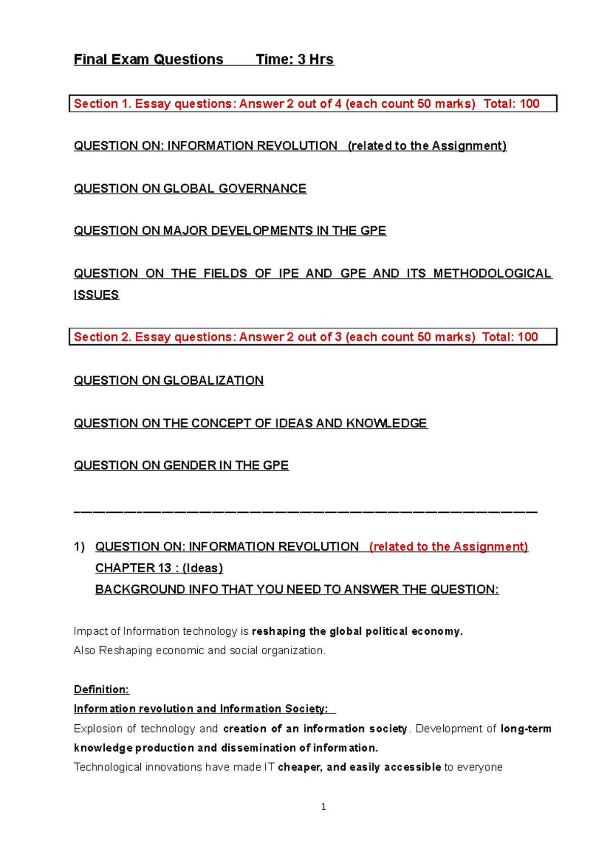 Final Exam Questions Memorandum: GPE, IPE & Governance Insights - Studocu