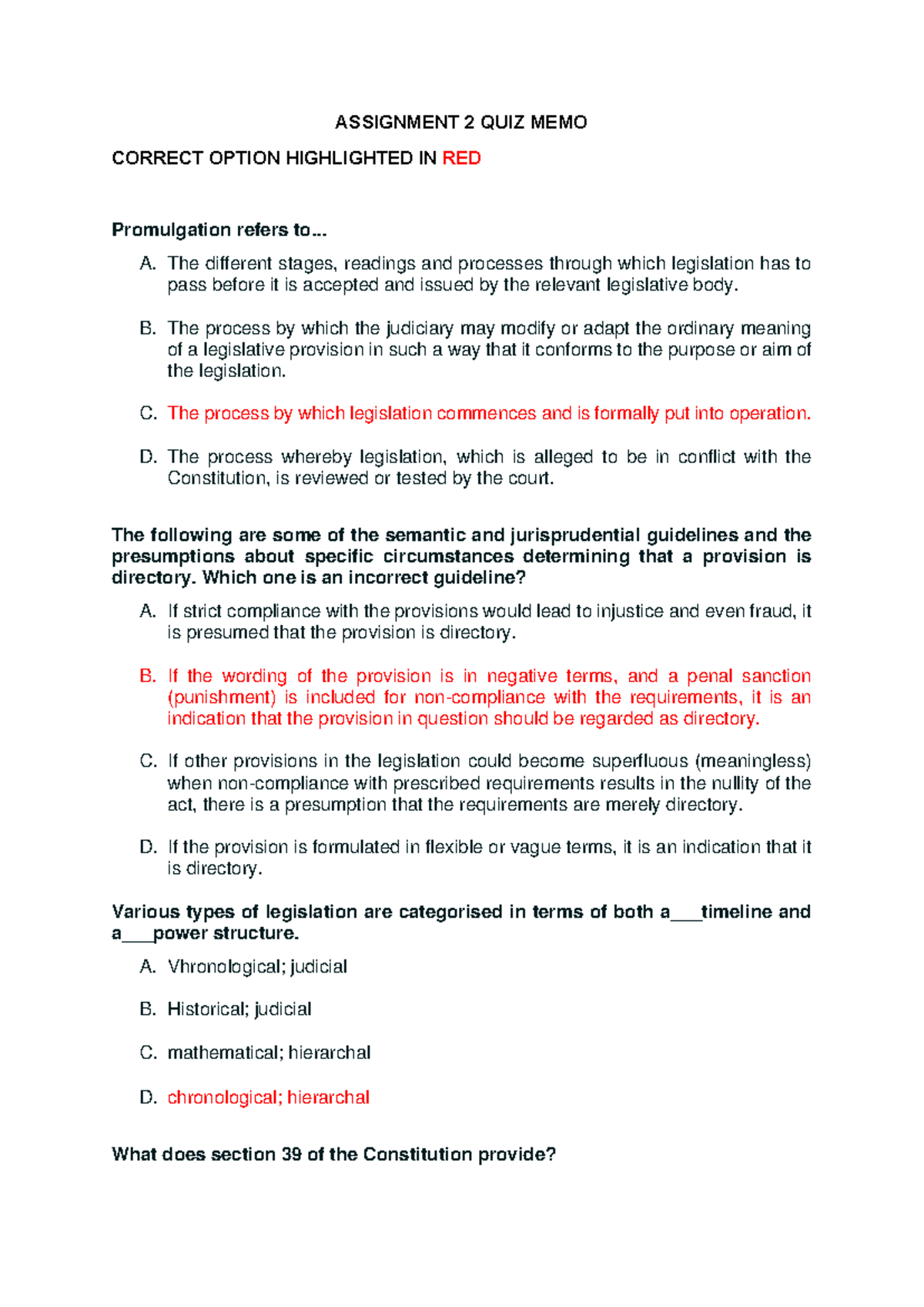 Assignment 2 Quiz 1 Memo with Correct Answers Highlighted - Studocu