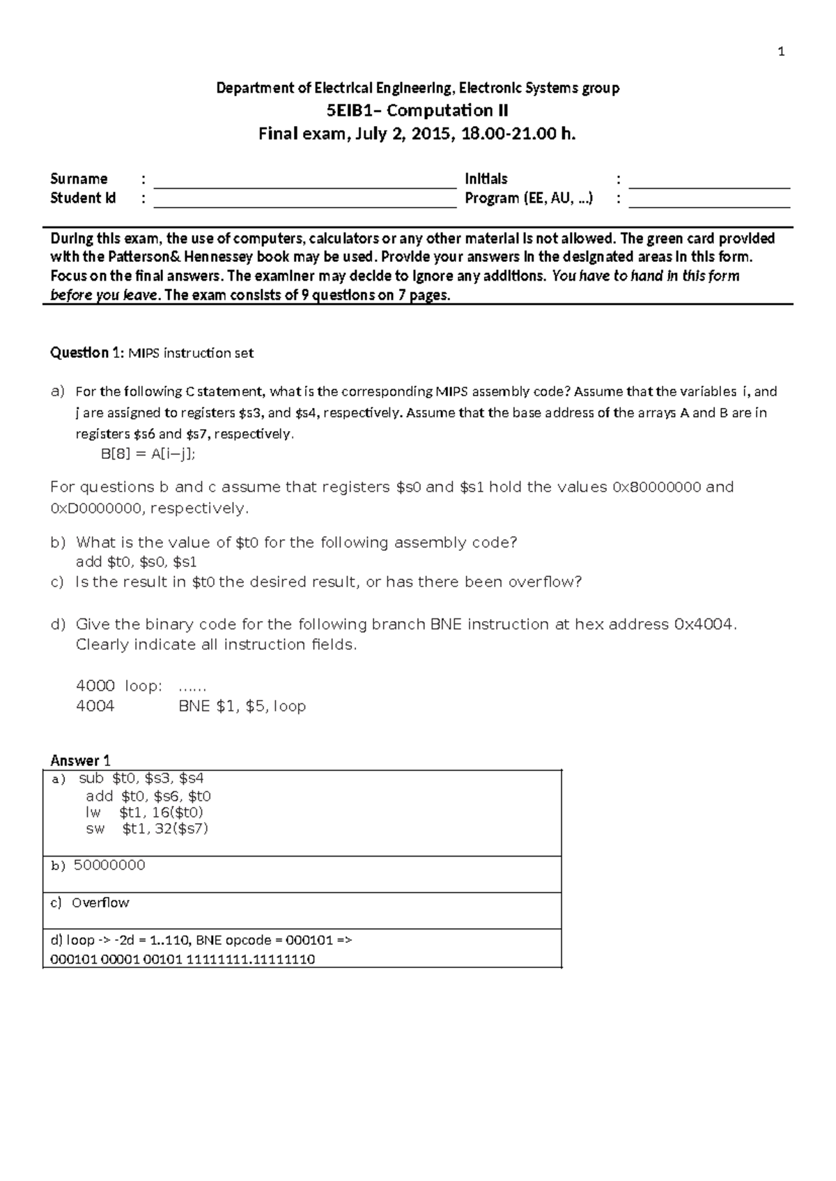 Comp II Final Exam (EE) - July 2, 2015: Questions & Answers - Studeersnel