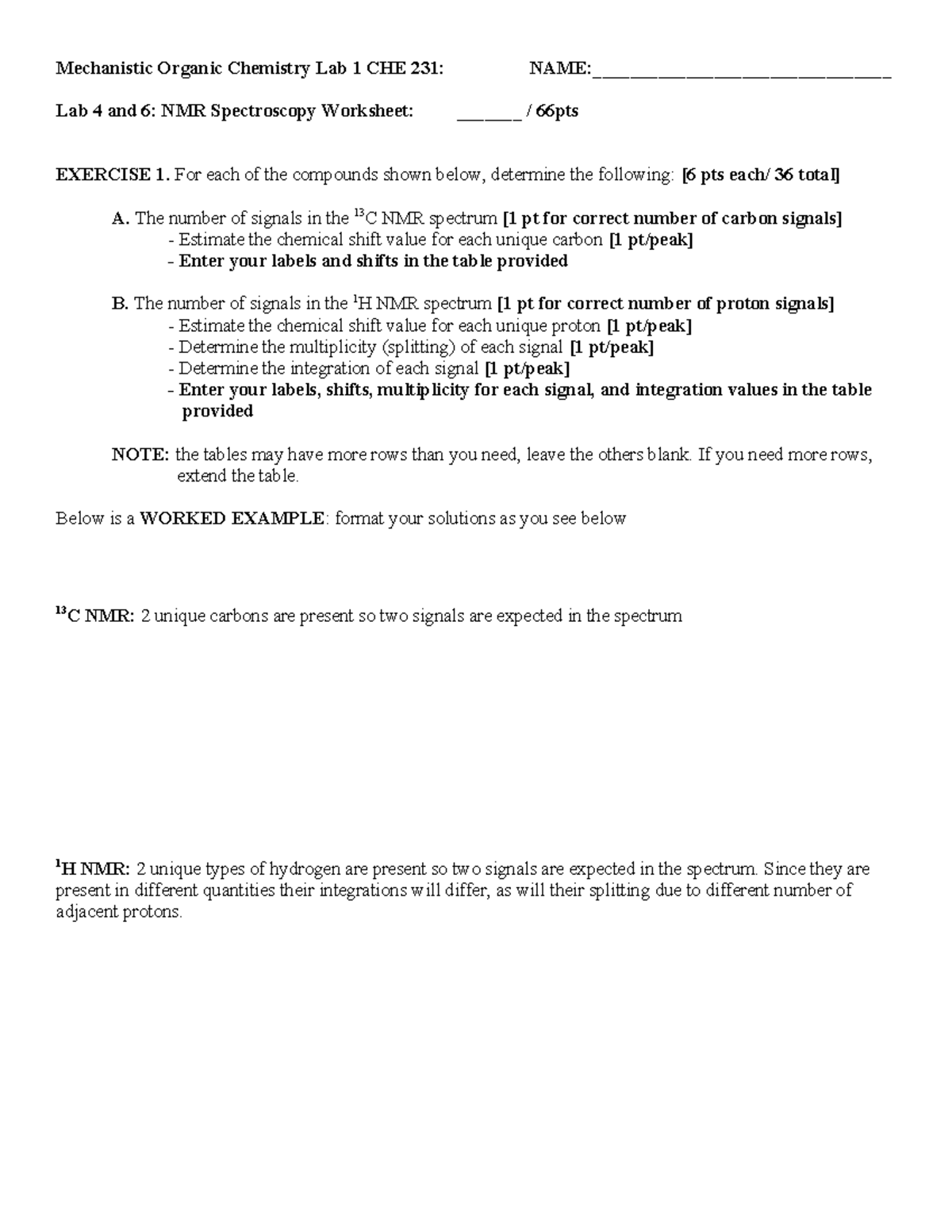 CHE 231: NMR Spectroscopy Lab Worksheet for Organic Chemistry - Studocu