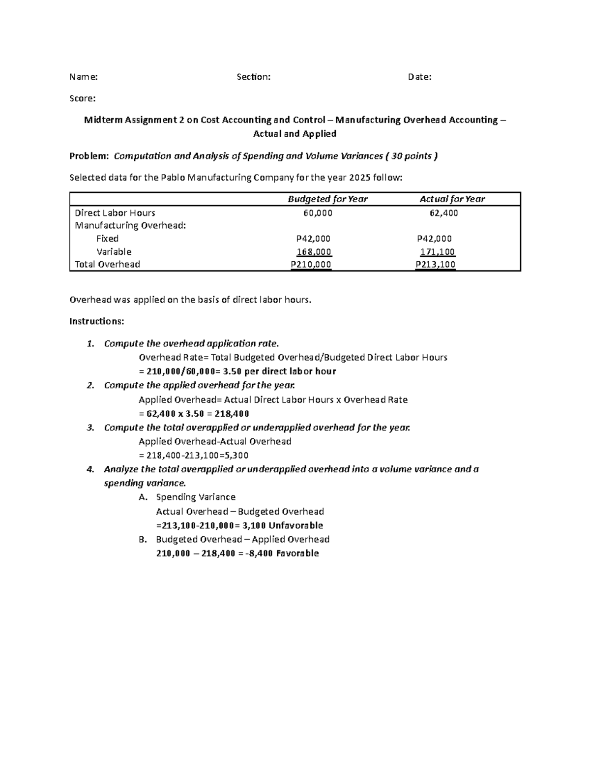 Midterm Assignment 2: Cost Accounting - Manufacturing Overhead Analysis ...