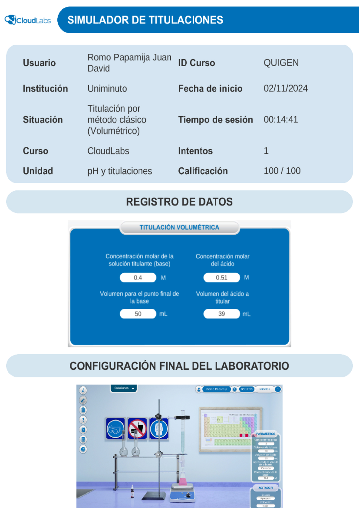 Reporte Laboratorio QUIGEN - Simulador de Titulaciones CloudLabs - Studocu