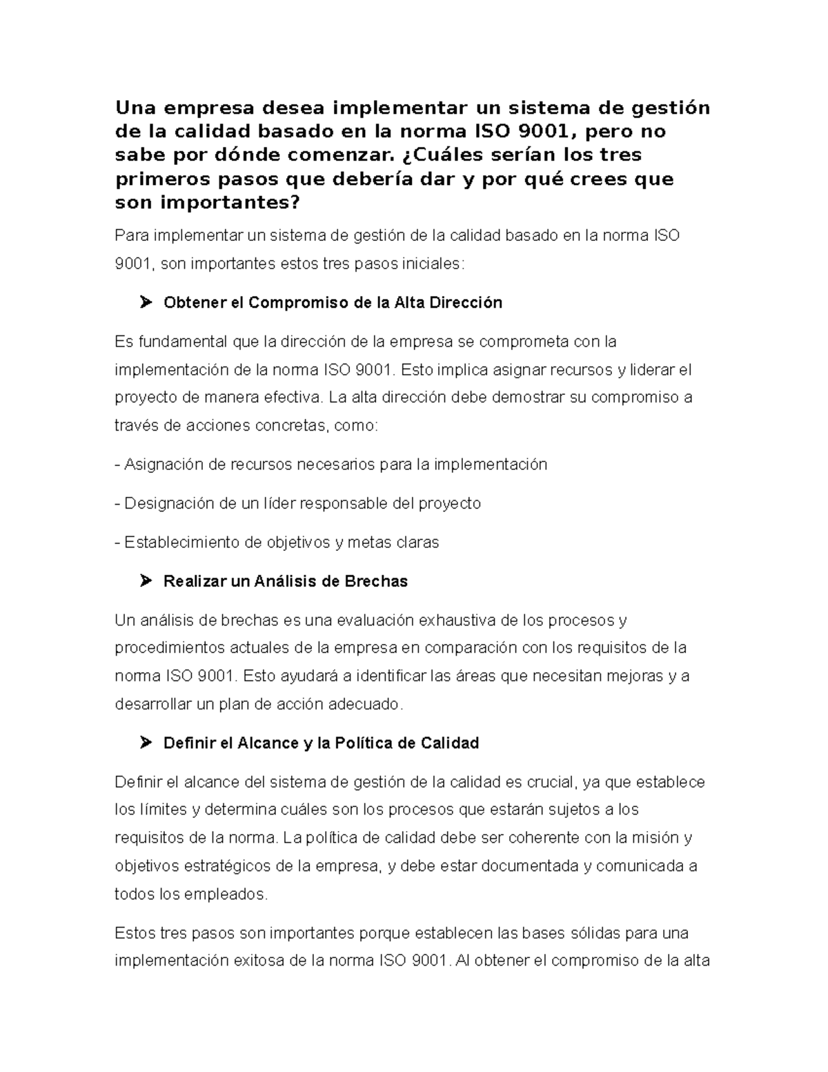 Foro 1 - Pasos Iniciales para Implementar ISO 9001 en Calidad - Studocu