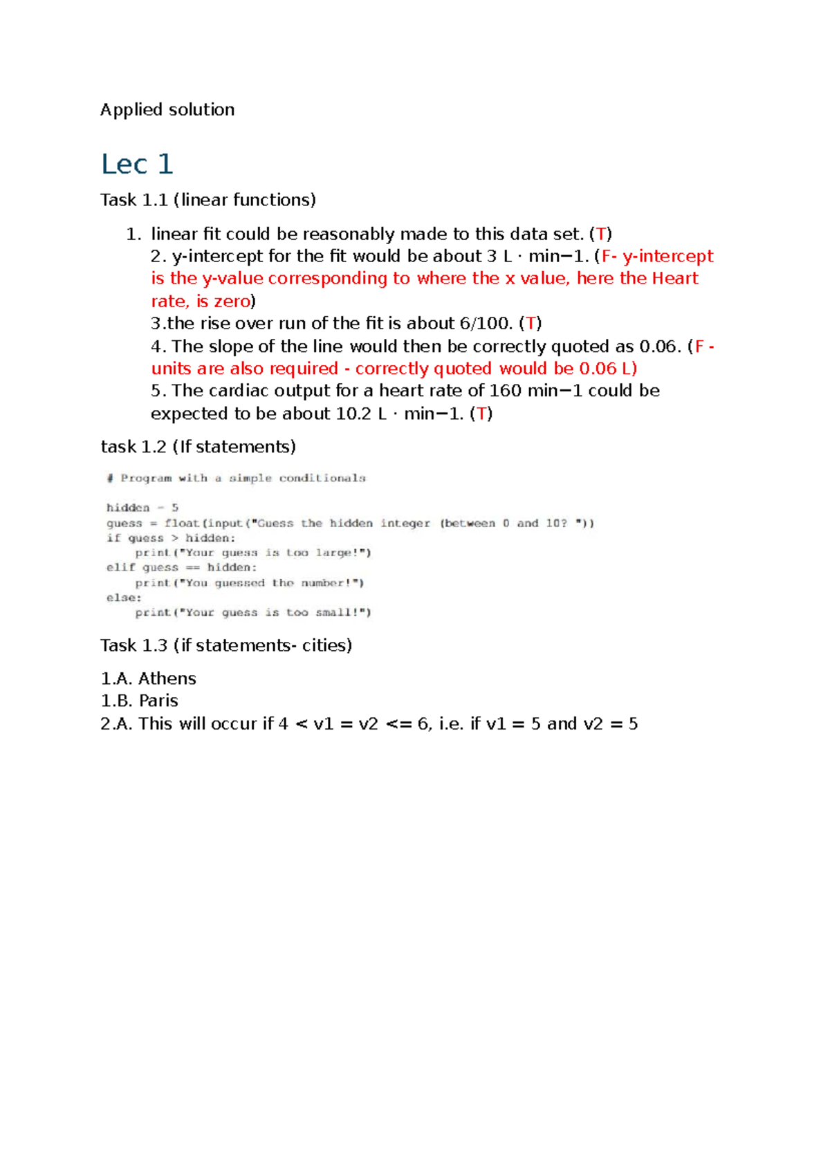 Applied Solutions for Linear Functions and If Statements (Lec 1) - Studocu