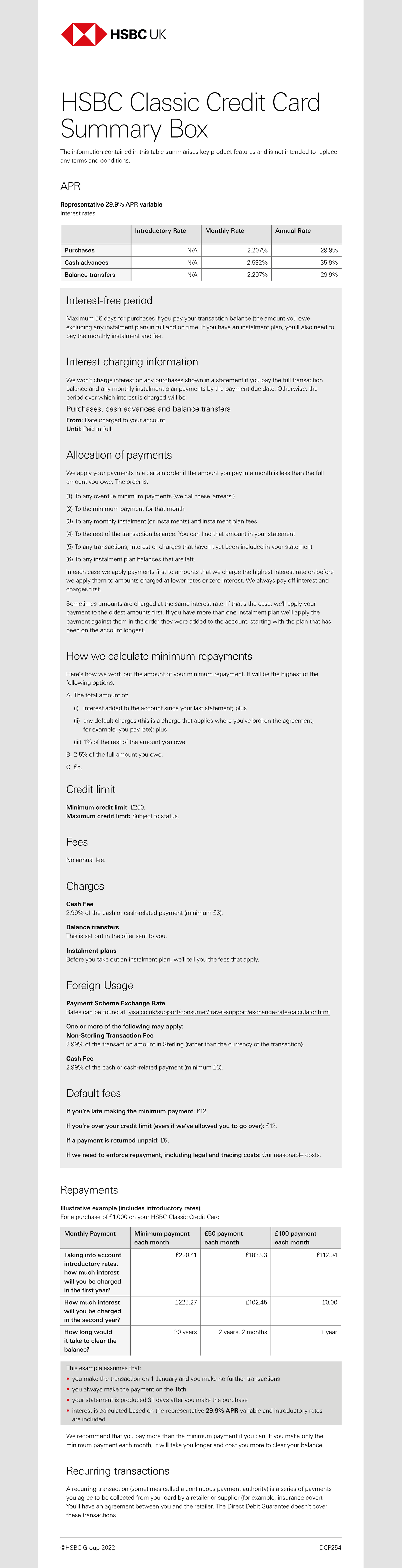 HSBC DCP254 Classic Credit Card Summary Box Overview - Studocu